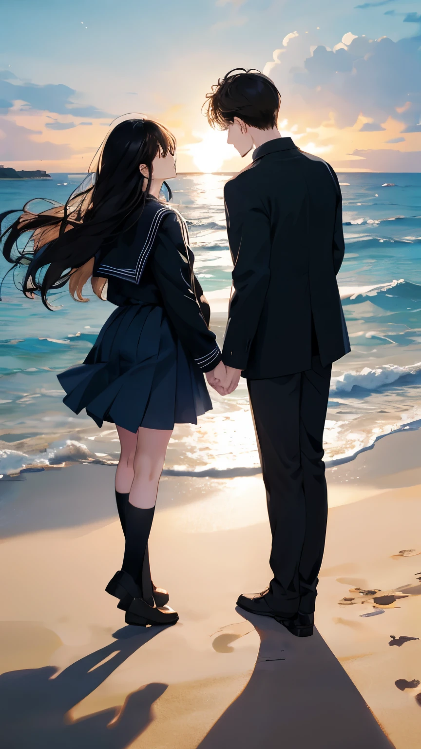 Couple, 1 girl 1 boy, different hair color, long black hair, short brown hair, romance, school uniform, in the beach, standing apart, facing a the ocean, romantic, dim light,