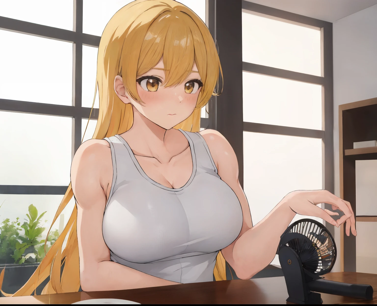 金髪のアニメのgirl, girl, classic girl, girl, girl romance, 公式fan art, 長い金髪のgirl, 茶色の瞳のgirl, big breasts, Tits, had very large breasts, muscular woman, feminine and muscular, female focus, staring at, upper body only, Are standing, fan art, clothing:white tank top, anime dick!!!!, high school girl, skin tight tank top, adult sex appeal, tanktop with an white, 