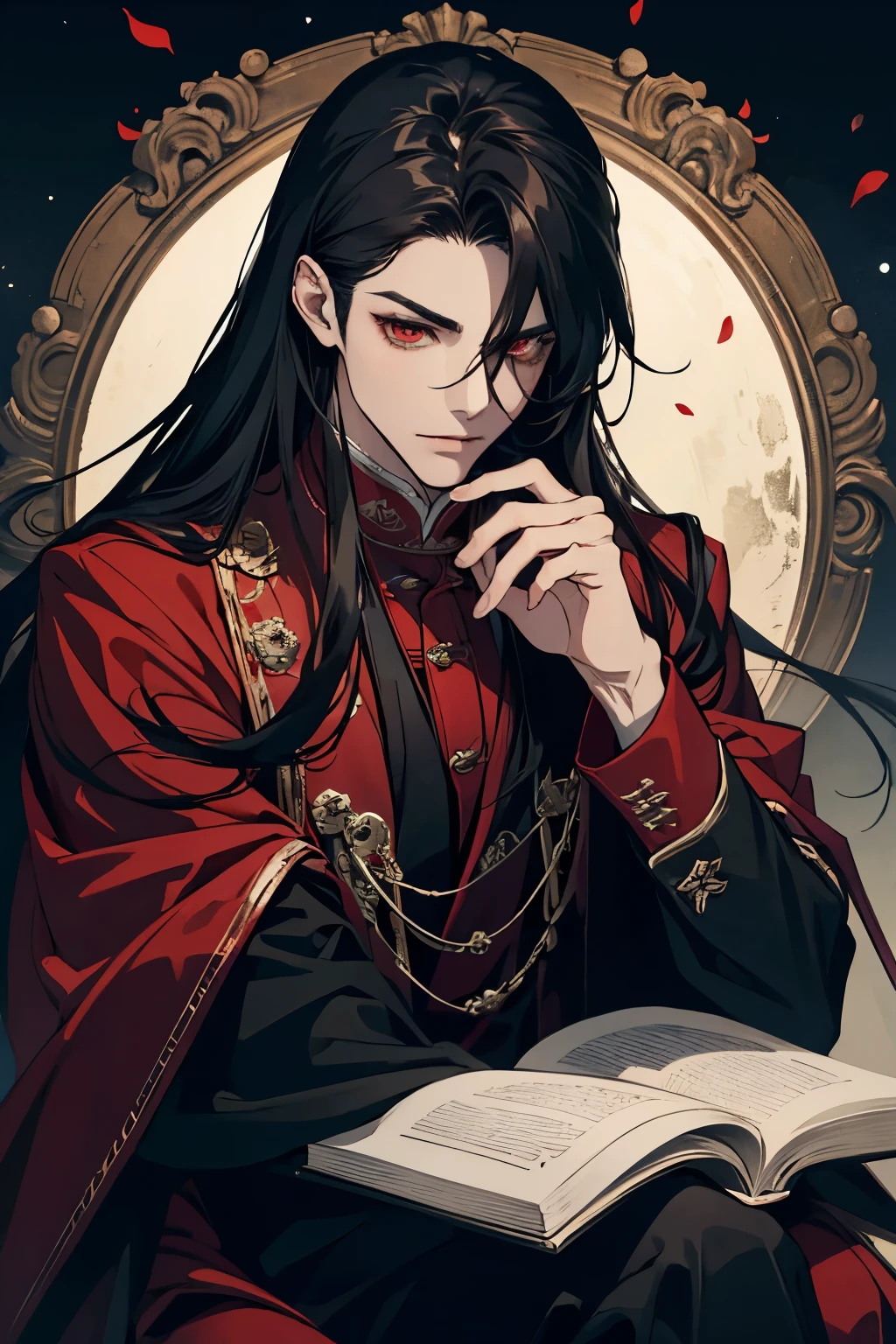 close up of a person in a red coat and black hair, alucard, full body xianxia, beautiful male god of death, vampire fashion, detailed anime character art, male vampire of clan banu haqim, full body black and red longcoat, l vampire, with his long black hair, androgynous vampire, detailed 20 year old male face, ultra realistic anime red eyes no emotions, INTJ, intelligent, casts spells, uses magic, black magic