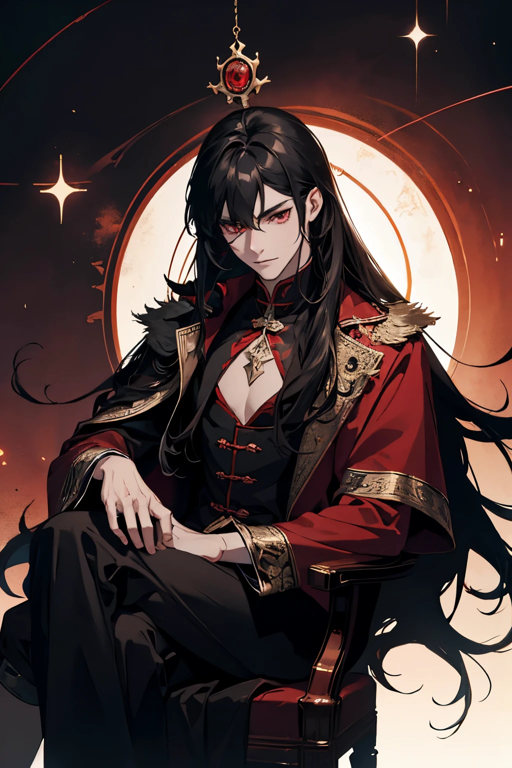 close up of a person in a red coat and black hair, alucard, full body xianxia, beautiful male god of death, vampire fashion, detailed anime character art, male vampire of clan banu haqim, full body black and red longcoat, l vampire, with his long black hair, androgynous vampire, detailed 20 year old male face, ultra realistic anime red eyes no emotions, INTJ, intelligent, casts spells, uses magic, black magic