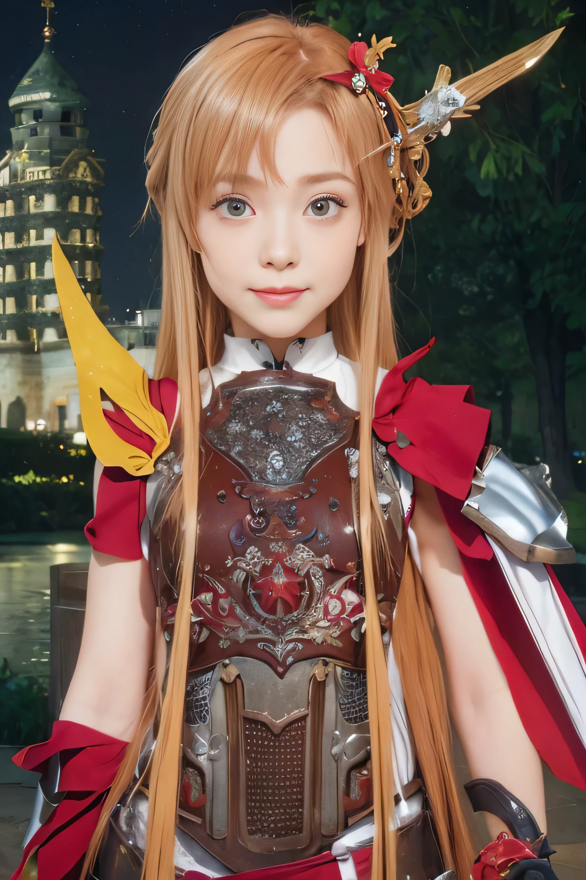 masterpiece, best quality, (realistic,photo-realistic:1.4), (RAW photo:1.2), extremely detailed CG unity 8k wallpaper, delicate and beautiful, amazing,finely detail, official art, absurdres, incredibly absurdres, huge filesize, ultra-detailed,extremely detailed eyes and face,light on face,(little smile:1.3),(caramel hair:1.4),(long hair:1.4),(wearing armor:1.5),(night background:1.4),(wearing air ornament:1.5),(sleeveless:1.4)