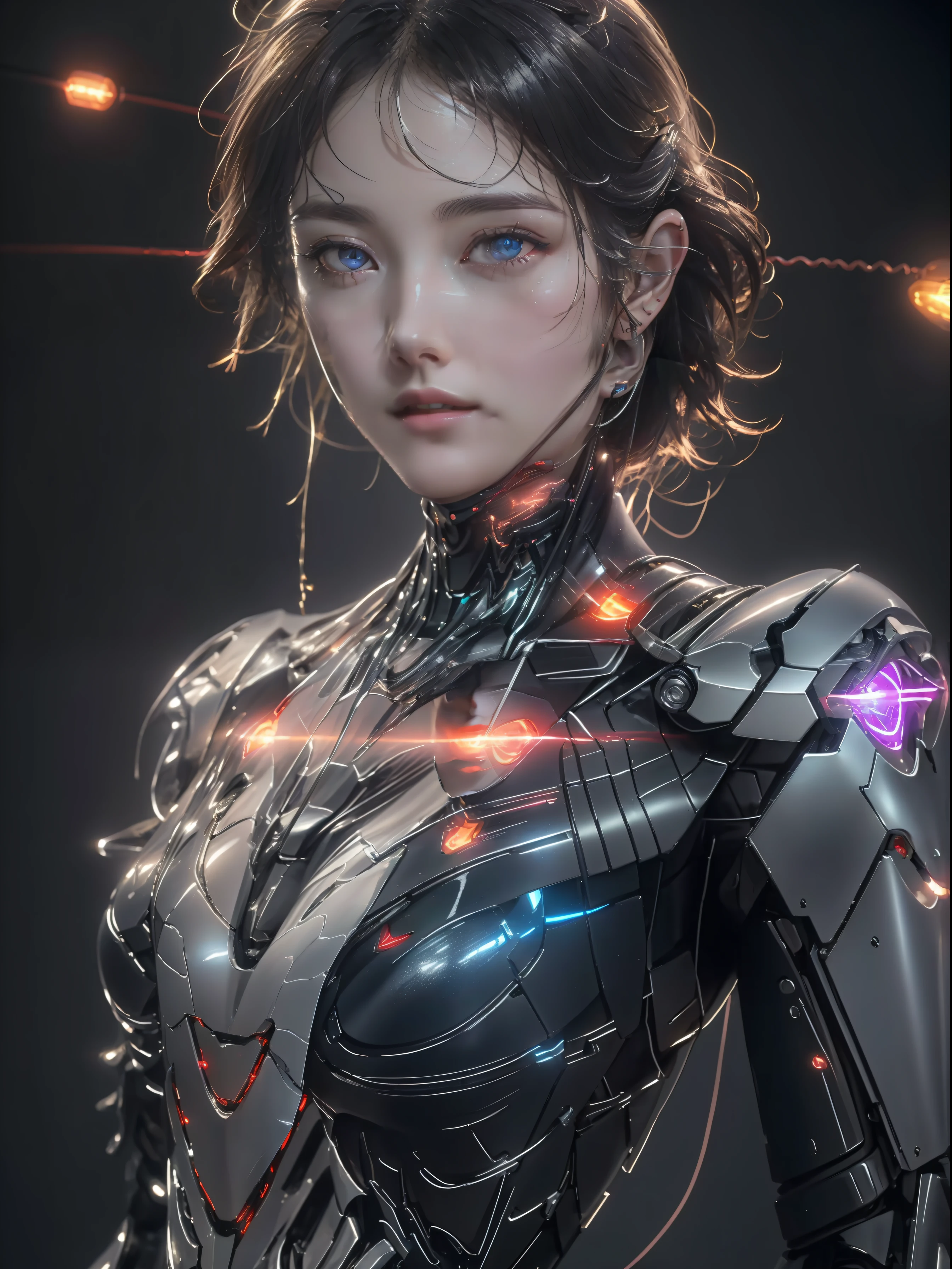 Top Quality, Masterpiece, Ultra High Resolution, (Photorealistic: 1.4), Raw Photo, 1 Girl, Black Hair, Glossy Skin, 1 Mechanical Girl, (Ultra Realistic Details)), Portrait, Global Illumination, Shadows, Octane Rendering, 8K, Ultra Sharp, Big, Cleavage Exposed Raw Skin, Metal, Complex Ornaments Details, Cold Color, Egyptian details, very intricate details, realistic light, CGSoation trend, purple eyes, glowing eyes, facing the camera, neon details, mechanical limbs, blood vessels connected to tubes, mechanical vertebrae attached to the back, mechanical cervical attachment to the neck, sitting, wires and cables connecting to the head, evangelion, small LED lamp,