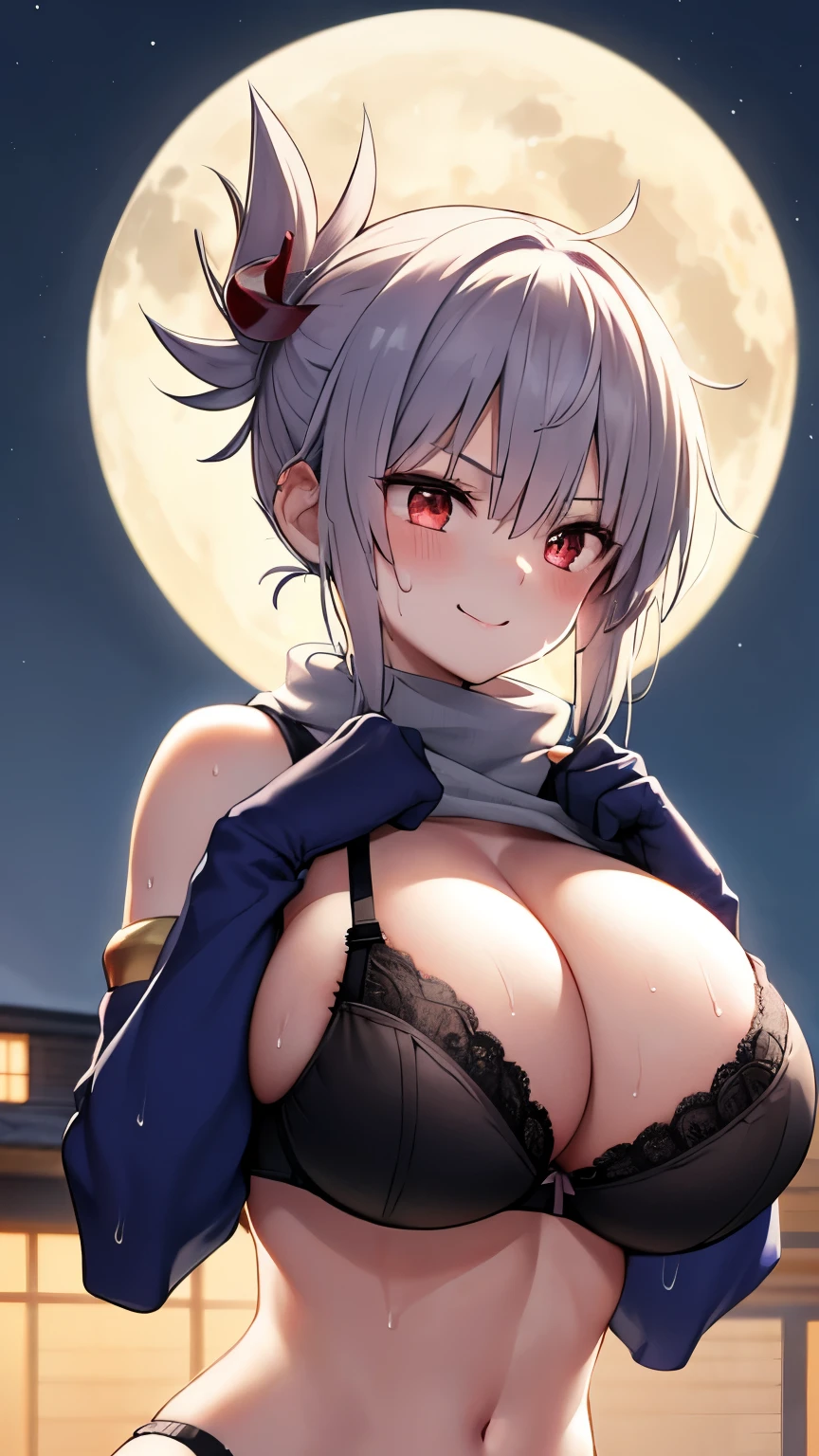 masterpiece, highest quality, disorganized, perfect anatomy, 1 girl, alone, Matsuri Kazamaki, hair ornaments, windmill, ninja, bangle,,(black bra:1.4),clothed bra,black gloves, elbow bag,Are standing, smile, moon, moonlight, night, night sky, outdoors,emphasize the chest,Skinny Body,
breath,sweat,wet,smirk,nose blush, frustrated,cleavage,(huge breast),(round breast:1.2),(athletic breast),athletic body,toned stomach,from below,breast close-up