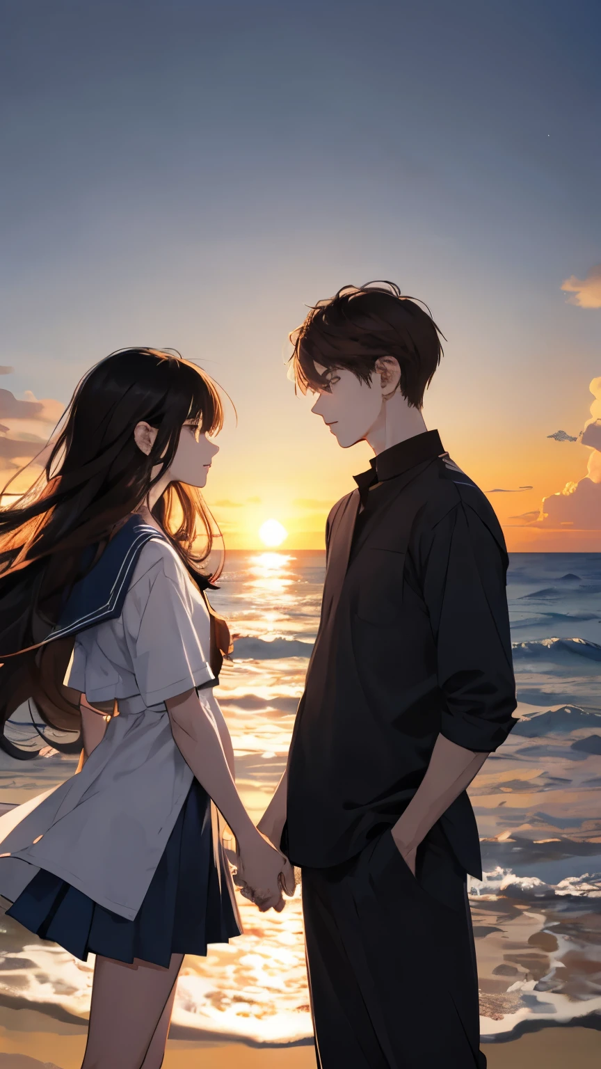 Couple, 1 girl 1 boy, different hair color, long black hair, short brown hair, romance, school uniform, in the beach, standing apart, facing at the ocean, romantic, dim light, sunset