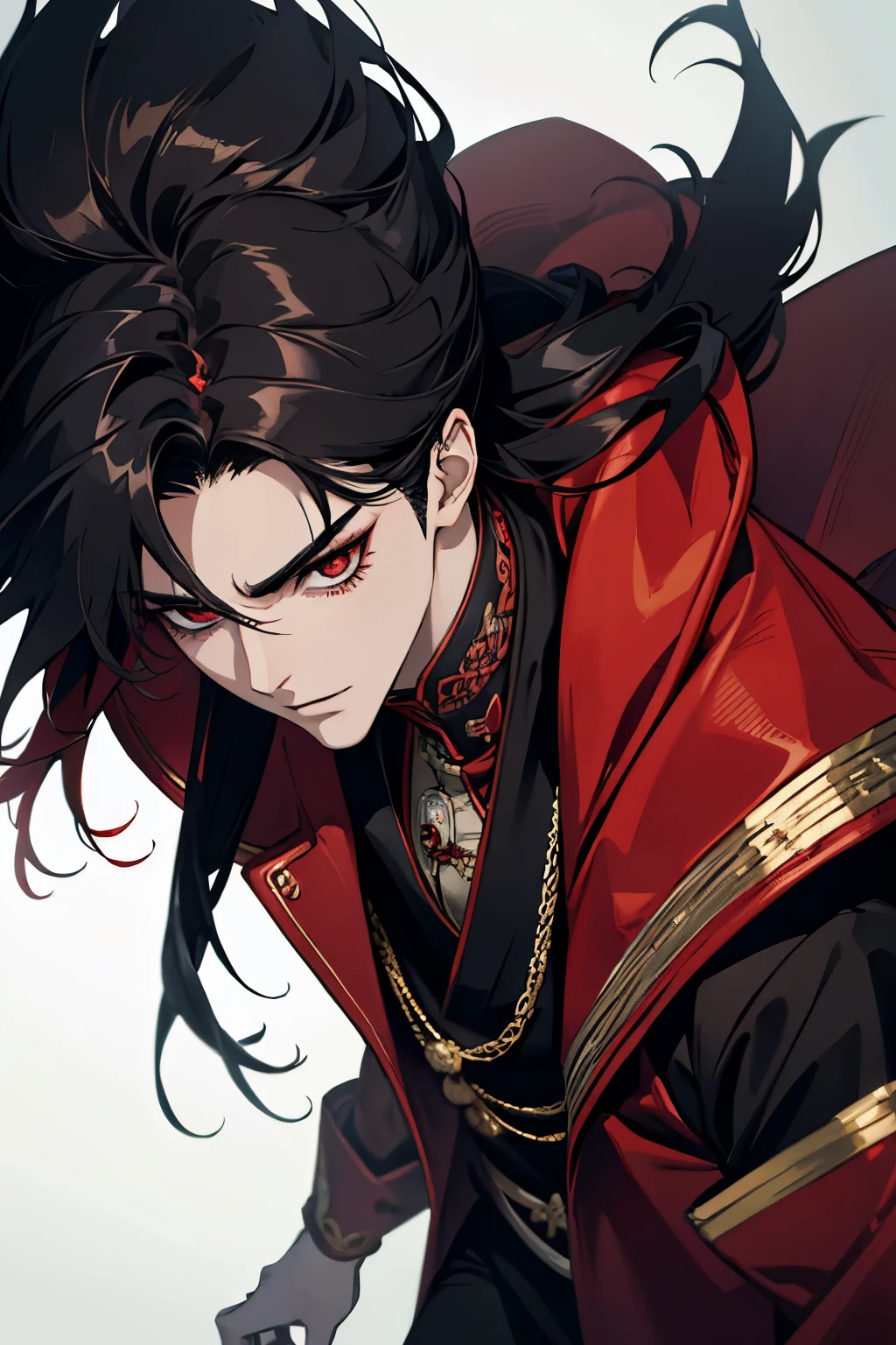 close up of a person in a red coat and black hair, alucard, full body xianxia, beautiful male god of death, vampire fashion, detailed anime character art, male vampire of clan banu haqim, full body black and red longcoat, l vampire, with his long black hair, androgynous vampire, detailed 20 year old male face, ultra realistic anime red eyes no emotions, INTJ, intelligent, casts spells, uses magic, black magic
