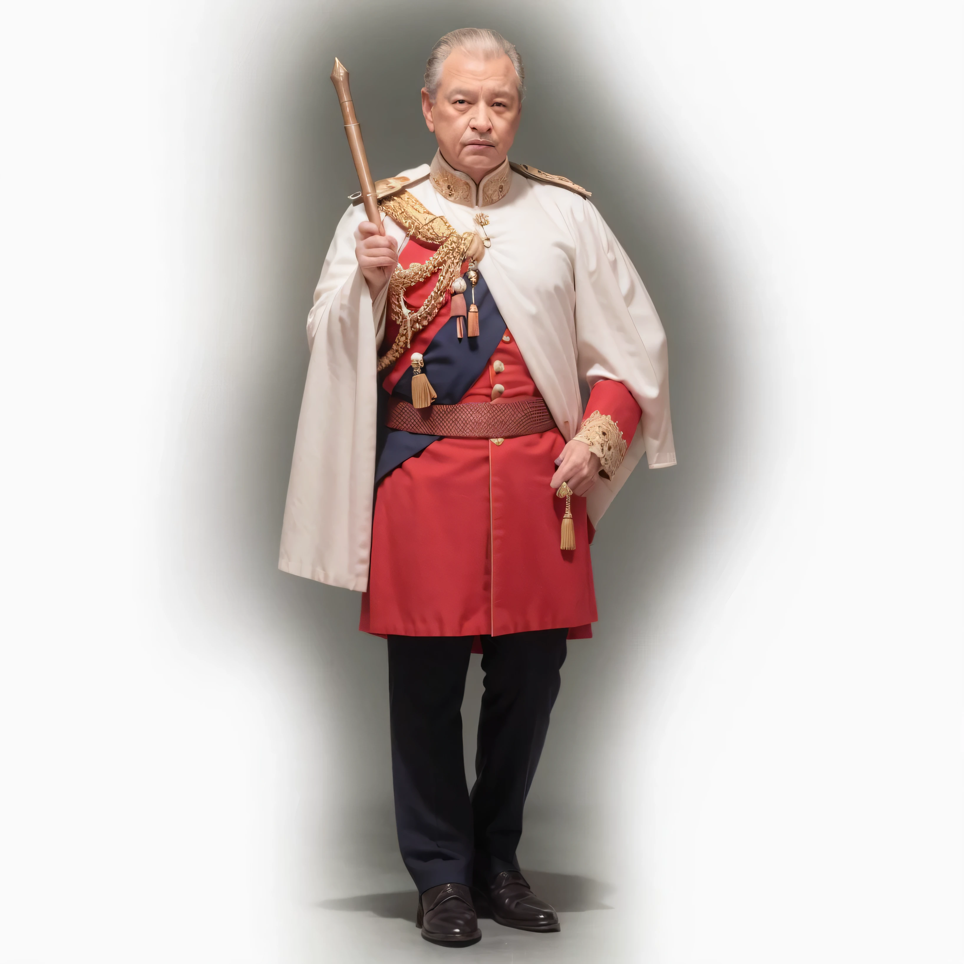 imagem arafada de um homem vestido com uniforme vermelho, usando uma capa de rei, with scepter in right hand, vestindo um luxuoso manto real, vestindo um manto real, The new king of Great Britain, majestade em roupas nobres, vestindo um longo manto real, vestindo vestes reais vermelhas douradas, terno real, inspired by Prince Hoare, posar de verdade, pintado digitalmente