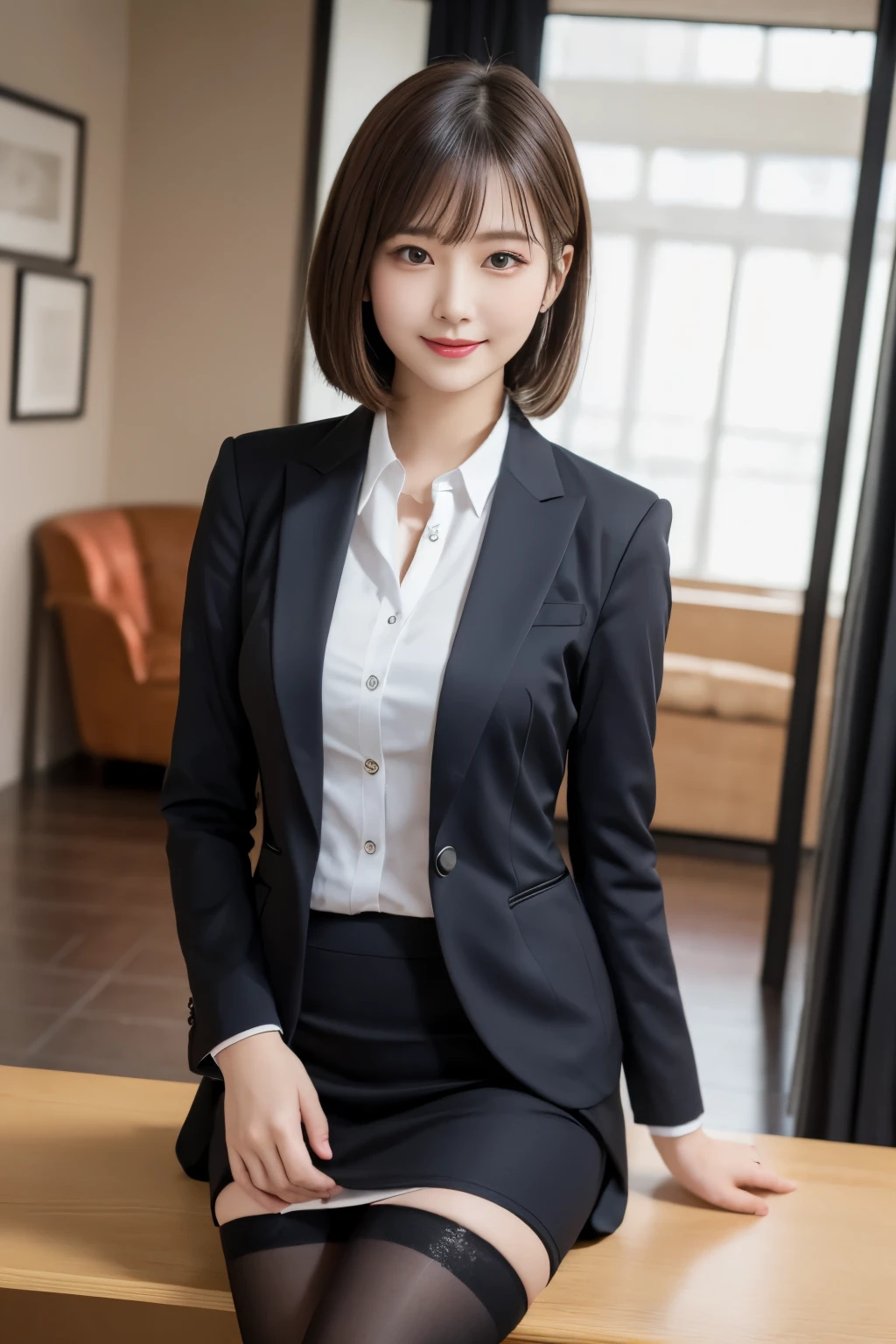 table top, highest quality, figure, super detailed, finely, High resolution, 8k wallpaper,short hair、 完璧なダイナミックな構figure, beautiful and fine eyes, business suit,natural color lip, smile、18 year old girl,Wearing black tights and stockings、plump thighs、shortcut