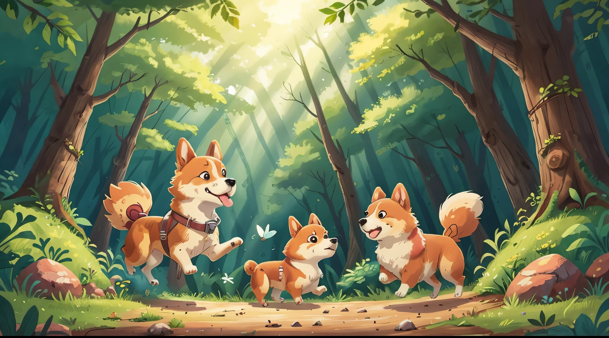 in the forest，A Corgi quickly ran to the left