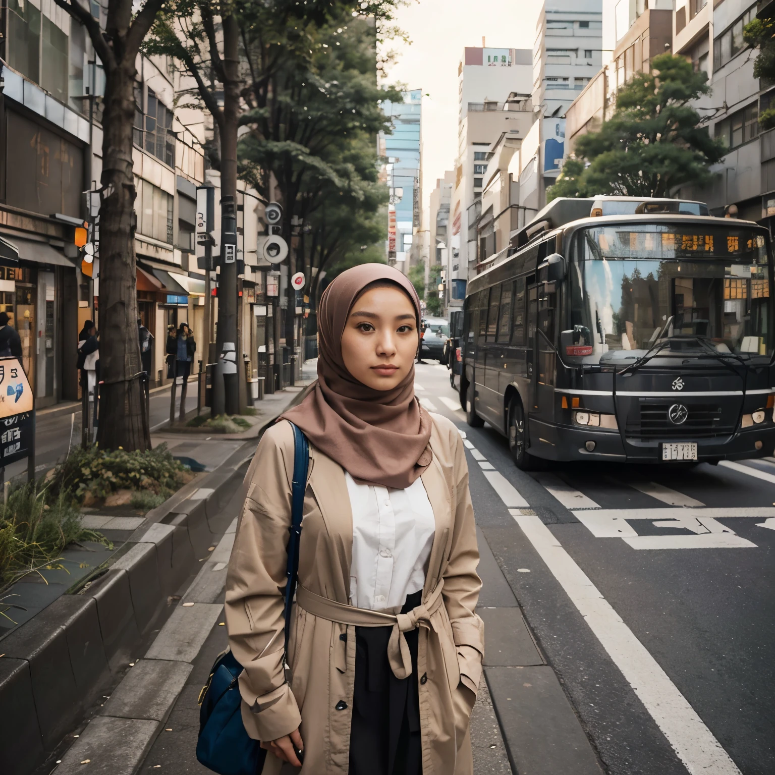 a woman wearing a hijab walking on the sidewalk of a city street, japanese city street fashion, on a tokyo street, afternoon, aesthetic japan tourism, on a tokyo street, a city forest street behind her, standing on a city street, standing on a street corner, standing in the center city, in tokyo, street photos, sitting in tokyo