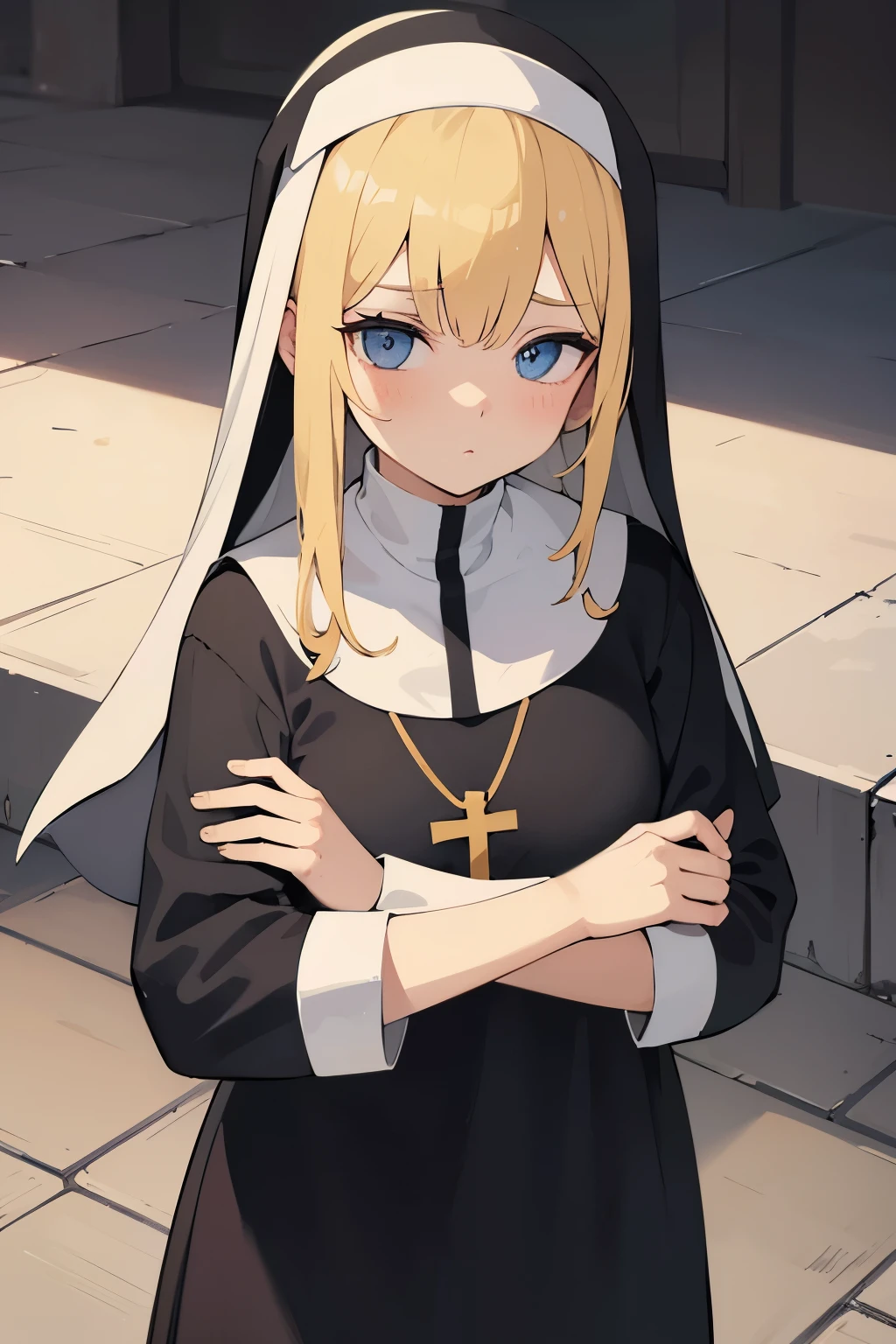 blonde hair blue eyes、slightly chubby cheeks、and hold a cross in the image、A pouty nun clasping her hands as if praying