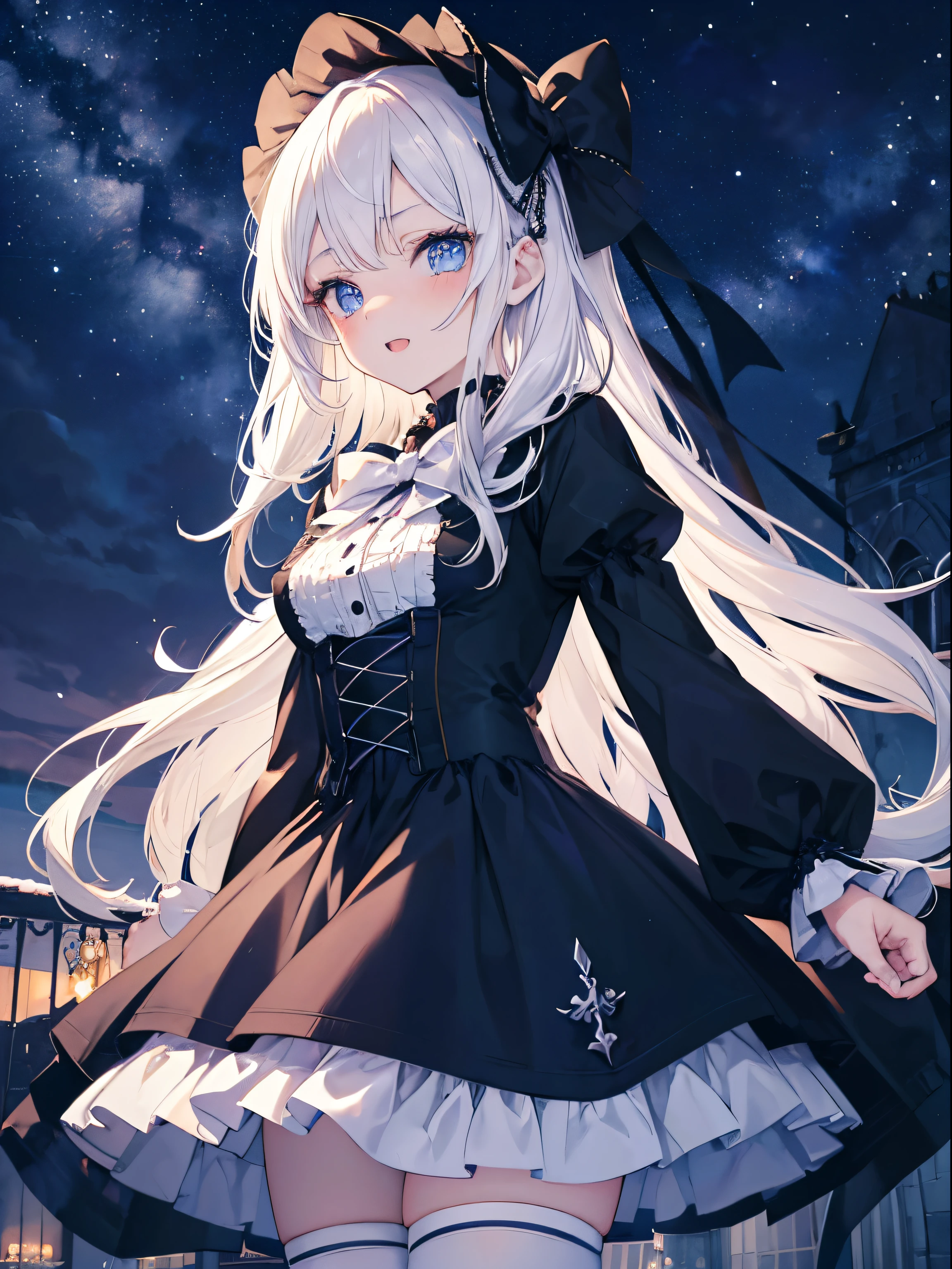 on the table, best quality, (perfect face:1.1), (high detail:1.1), (Ultra-detailed eyes), dramatic, Ultra-detailed illustrations, Very detailed, 1 girl in, (pale skin), long white hair, ethereal eyes, blue eyes,we say, (light eyebrows),blush,alone,微lol, happy, lol, enjoy, open mouth, Pouting,movie lighting, look up,Cowboy shooting,Winters,snow,long sleeves, gothic lolita, frills, bow ribbon,headgear, knee socks,Room,night atmosphere, starry night