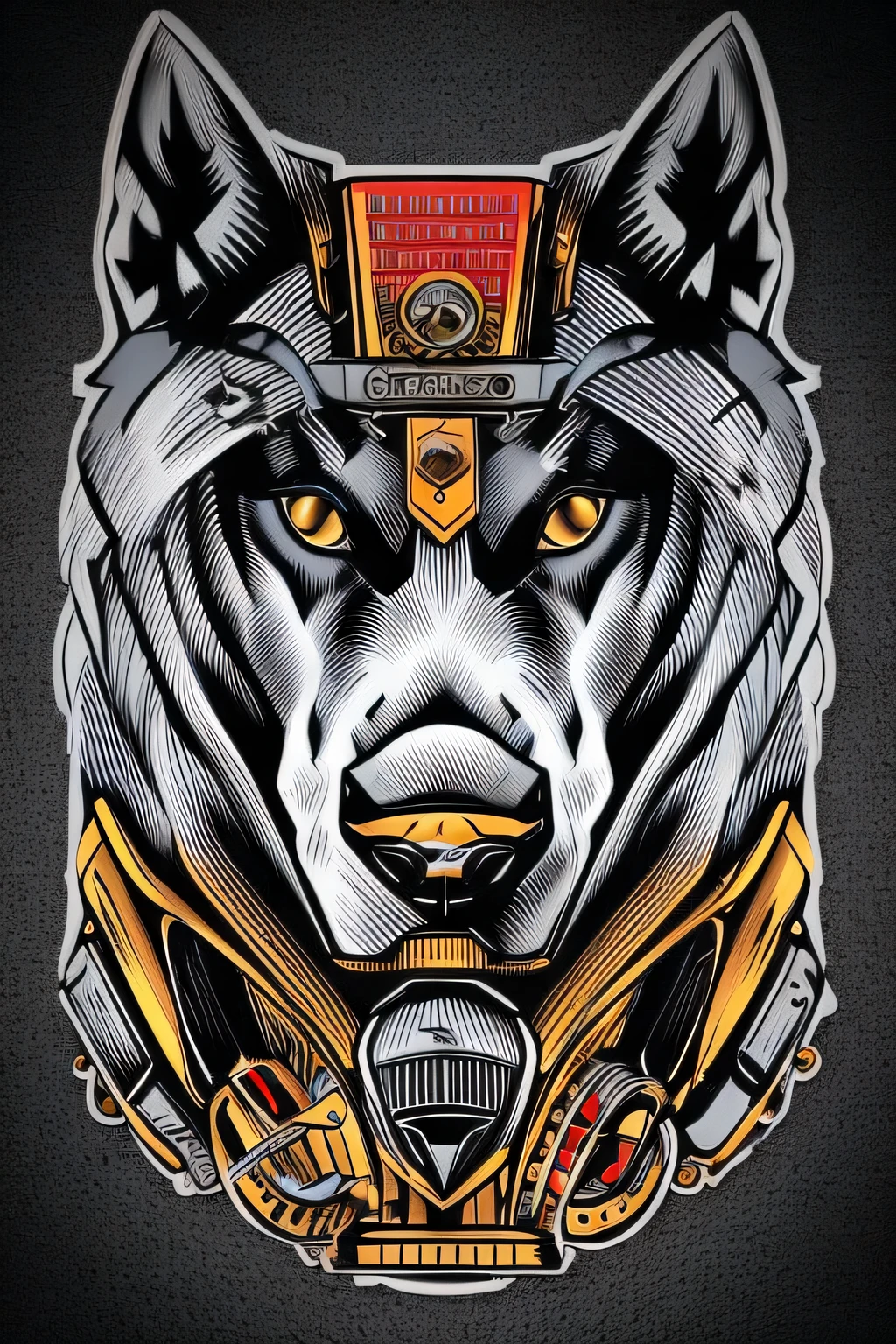 Un husky siberiano en una motocicleta voladora de aspecto vintage, con un piloto steampunk's helmet and a vest full of mechanical decorations, all set in a night landscape illuminated by neon lights.