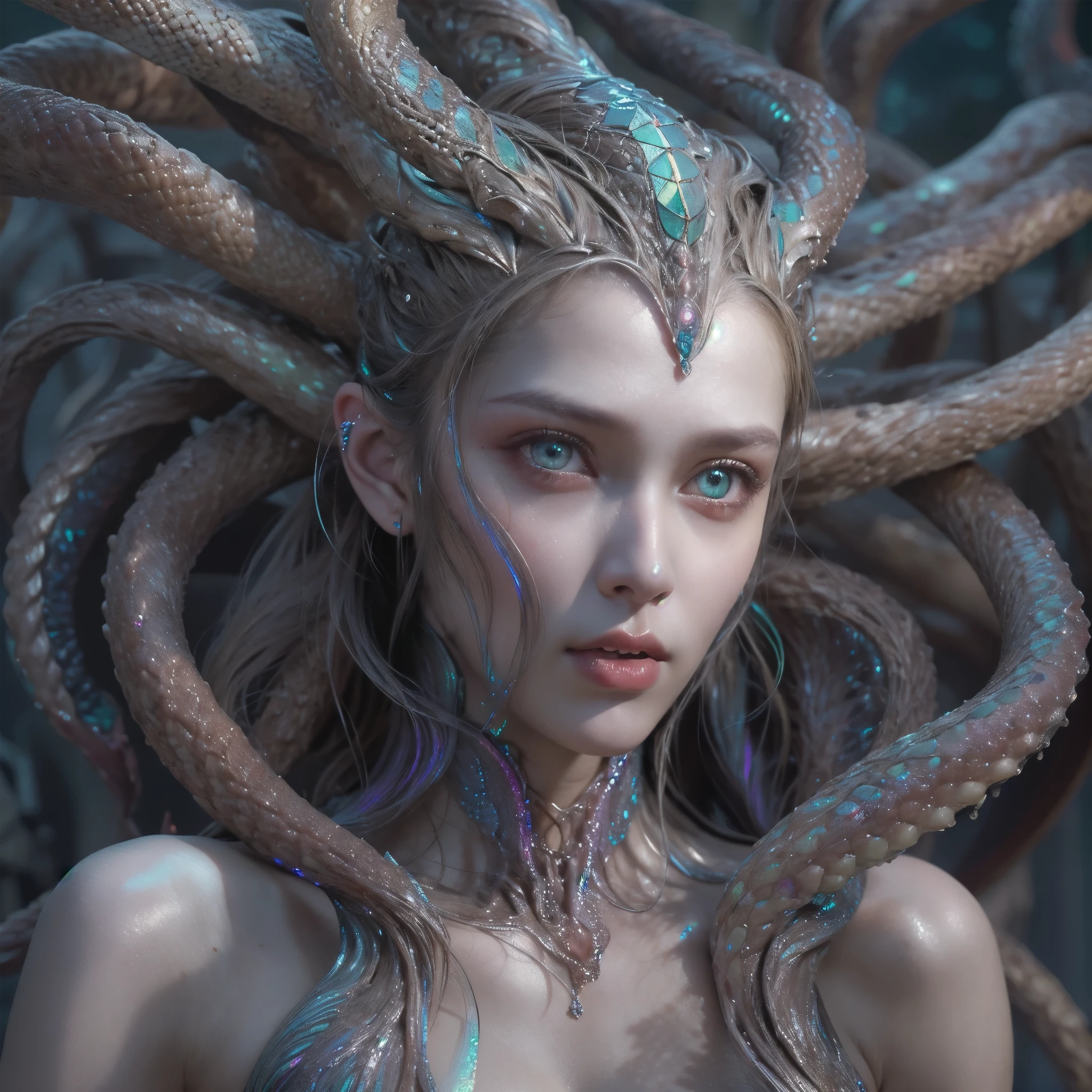 (A female Alien:1.2), extraordinary Beautiful face,  (There is a female genital-like organ in the middle of her forehead:1.6), seduces, red eyes, Full body like, A sexy alien, No humans, cells are fused, (Lots of white tentacles), (pale skin:1.3), extraterrestrial, cell, bio image, charming, Best Quality, 8K,4K_quality, high_Definition,Dramatic Lighting, masutepiece:1.5,cinematic quality, detail up, (Intricate details:1.2), high resolution, High Definition, drawing faithfully, (Thick eyebrows:1.2), (beautiful iridescent eyes:1.6), Beautiful eyes with fine symmetry, (Highly detailed face and eyes:1.2), (High-resolution iridescent eyes:1.4), (Super detailed skin quality feeling:1.4), Perfect Anatomy,  (Beautiful toned body:1.5),  (moist skin:1.2), No makeup, (dark circles:1.1), long canines, She has numerous bright colorful tentacles like thin white snakes from her head. She has long black claws, nude, NSFW