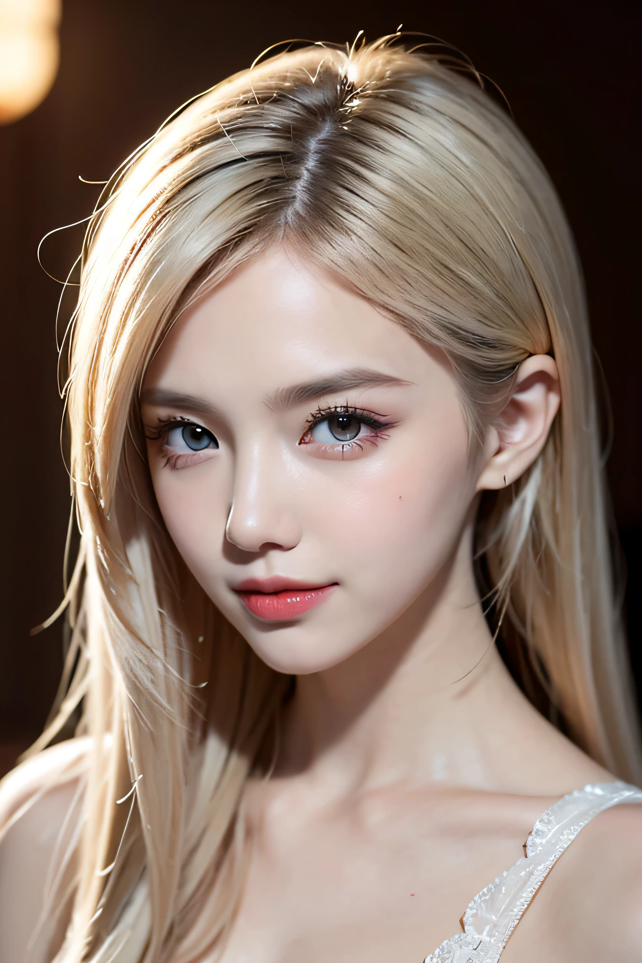 (8k, to be born, realistic: 1.25), (golden white hair), (Thin lip gloss, thin eyebrows, eyelash, tear bag, sharp bangs, shiny face, shiny skin, highest quality, ultra high resolution, written boundary depth, chromatic aberration, caustics, wide lighting, natural shading, K-POPアイドル) Glasses, Calm, Gather the hair with your hands, long hair, smile, Small devil, inside the house