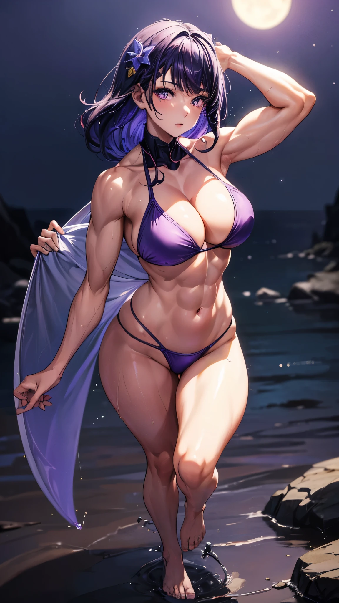 1 girl, alone, beautiful, (((thick muscular thighs))), thin arms, medium to large breasts, (((wearing a Purple bikini))), nails painted purple, (on the beach at night with a sky starry and a full moon in the sky), pure eyes, Realistic pupils, highly detailed eyes, (((full body photo))), (Standing), (barefoot), perfect ???????, good anatomy, good composition, muscular belly , narrow waist, lubrication of the skin in the groin area, oily skin, eye reflection, glowing eyes, anime, anime style, cinematic lighting, Glare, Bright light, ray tracing, cast shadow, Sony FE, panorama, high definition, anatomically correct, super details, High details, best quality, high resolution, high definition, 16K