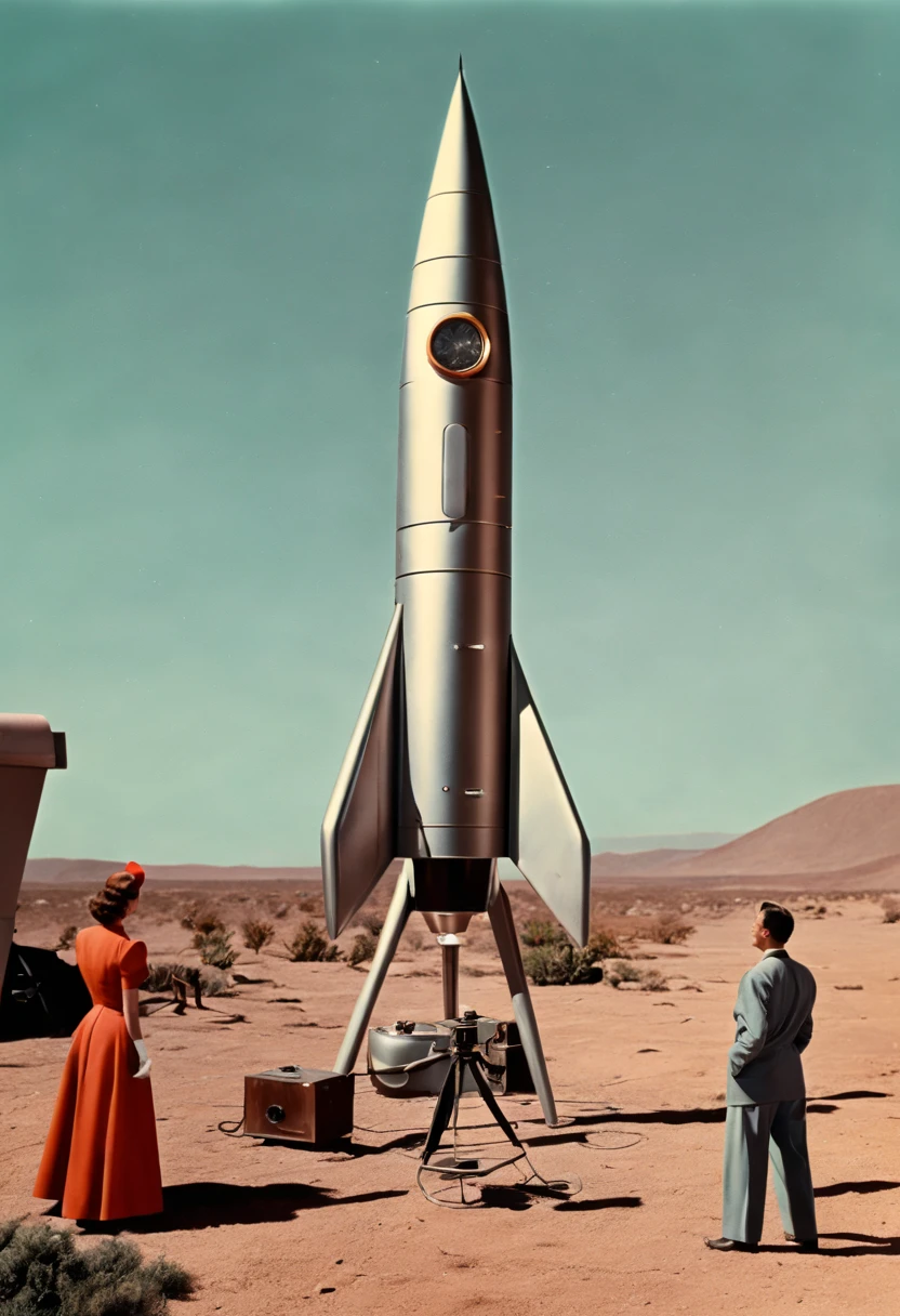 (((Old science fiction TV series))), Fotografia, Extremamente realista, Scene from an old science fiction TV series from the 1950s shows flat Glande with the vast backdrop of a rocket launch base, (((anos de 1950))), Ancient aesthetics, 1950s science fiction film scene, retro_foguete, nave espacial estilo retro, with various propellants, casco de metal com rebites, altamente detalhada, intrincada, fotografia, image from a 1950s TV series