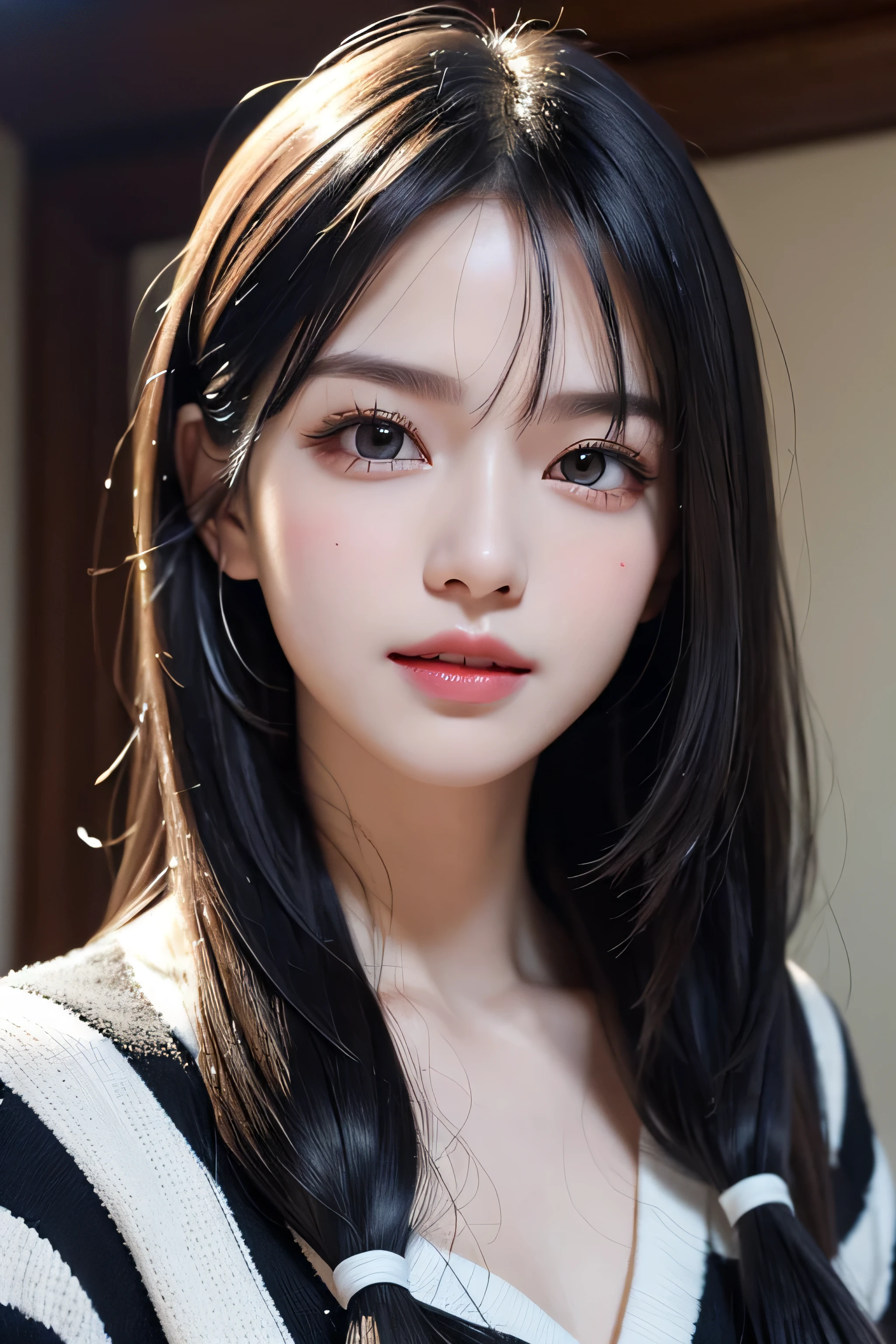 (8k, to be born, realistic: 1.25), ((striped white hairs)), (Thin lip gloss, thin eyebrows, eyelash, tear bag, sharp bangs, shiny face, shiny skin, highest quality, ultra high resolution, written boundary depth, chromatic aberration, caustics, wide lighting, natural shading, K-POPアイドル) Glasses, Calm, Gather the hair with your hands, long hair, smile, Small devil, inside the house