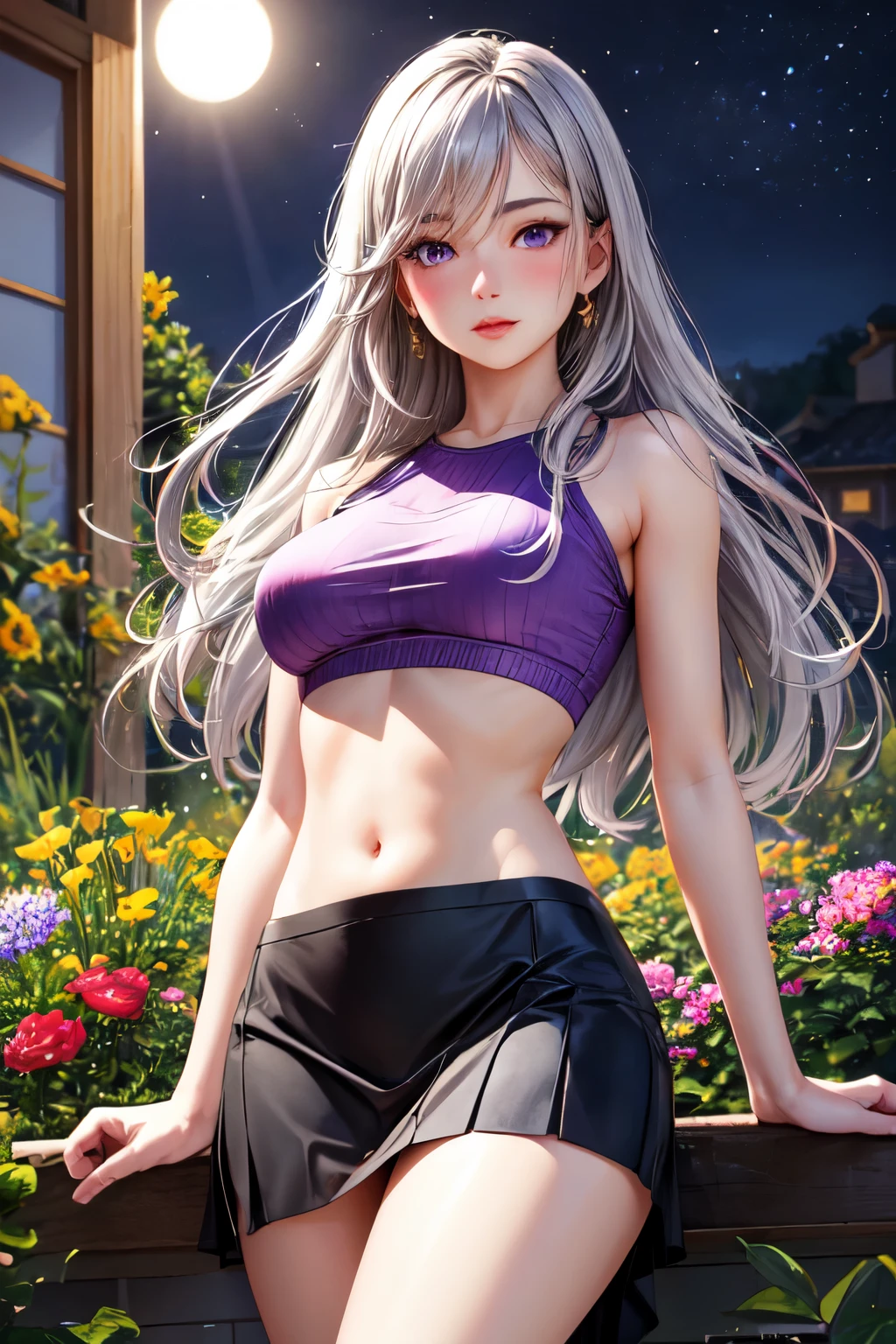 realistic, 1 girl, gray hair, purple eyes, shining eyes, crop top, skirt, parted lips, blush, night, flowers, sun, sunlight