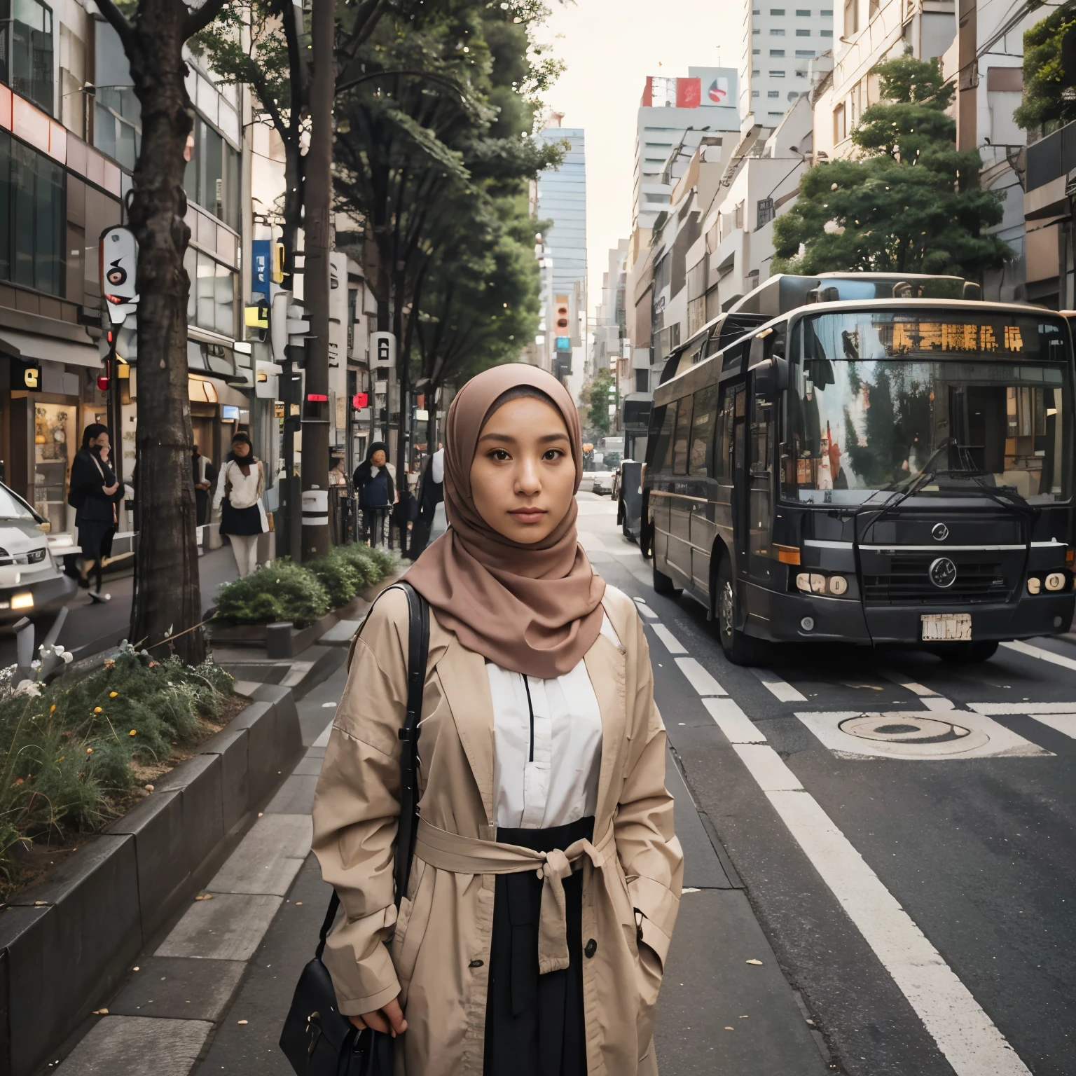 a woman wearing a hijab walking on the sidewalk of a city street, japanese city street fashion, on a tokyo street, afternoon, aesthetic japan tourism, on a tokyo street, a city forest street behind her, standing on a city street, standing on a street corner, standing in the center city, in tokyo, street photos, sitting in tokyo