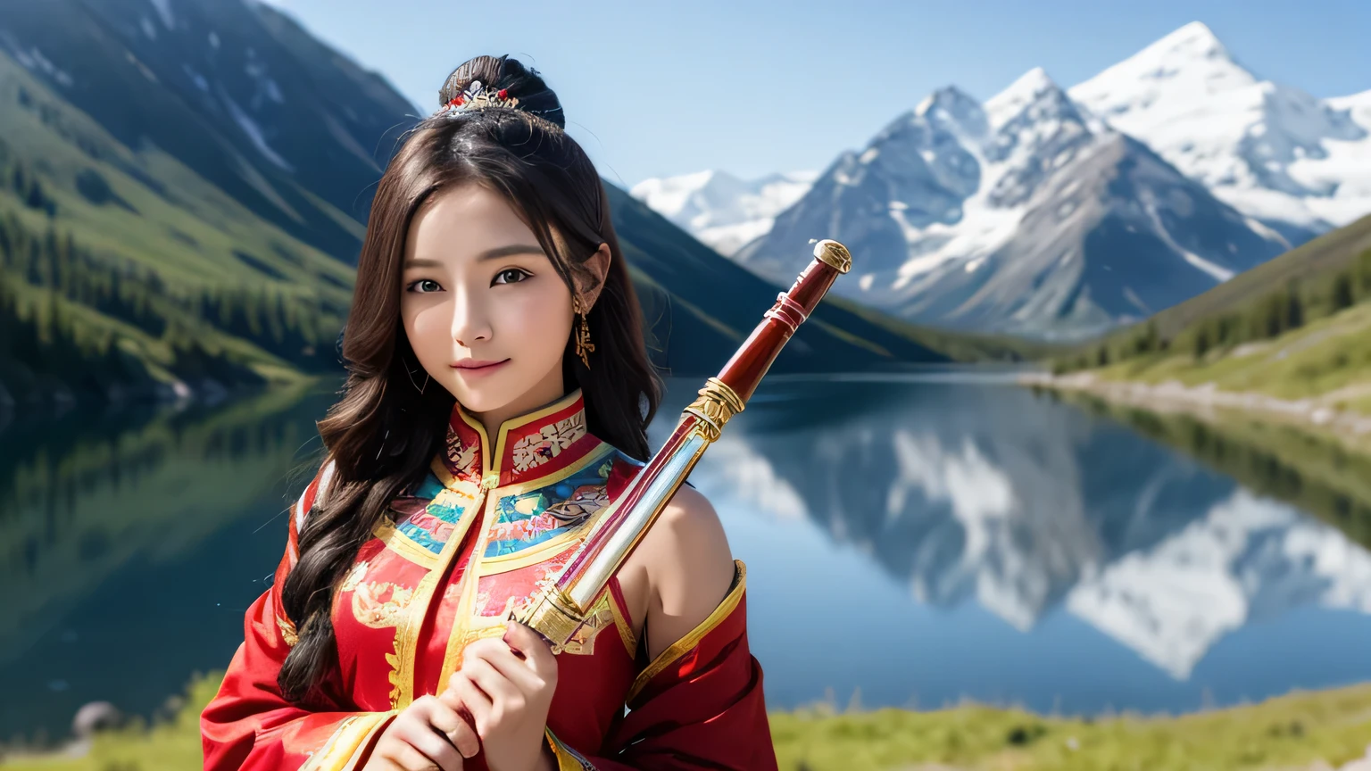 tibetan girl、National costume、hold the flute、The background is snowy mountains、、beautiful girl、