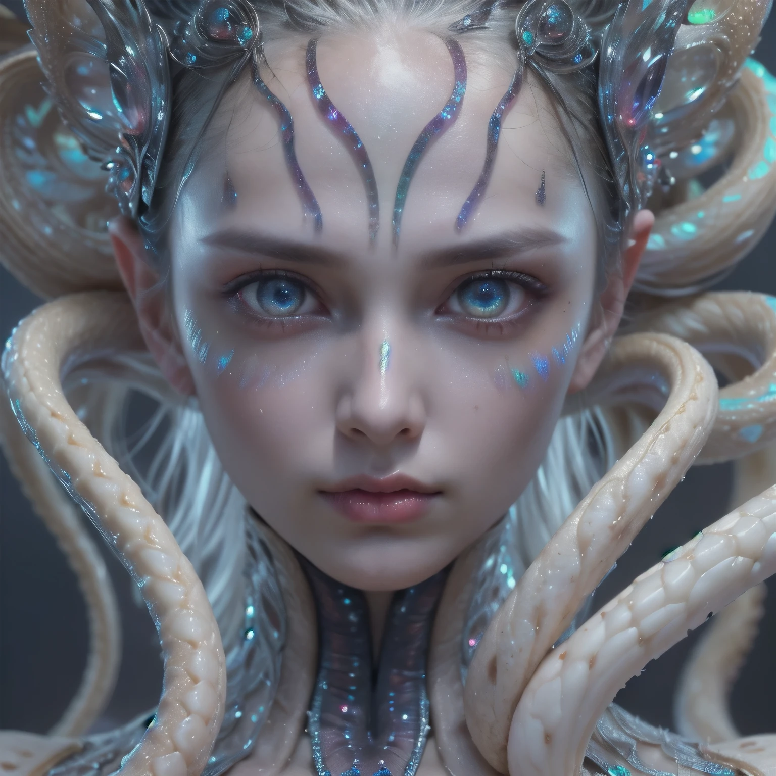 (A female Alien:1.2), extraordinary Beautiful face,  (There is a female genital-like organ in the middle of her forehead:1.6), seduces, red eyes, Full body like, A sexy alien, No humans, cells are fused, (Lots of white tentacles), (pale skin:1.3), extraterrestrial, cell, bio image, charming, Best Quality, 8K,4K_quality, high definition, Dramatic Lighting, masutepiece:1.5,cinematic quality, detail up, (Intricate details:1.2), high resolution, High Definition, drawing faithfully, (Thick eyebrows:1.2), (beautiful iridescent eyes:1.6), Beautiful eyes with fine symmetry, (Highly detailed face and eyes:1.2), (High-resolution iridescent eyes:1.4), (Super detailed skin quality feeling:1.4), Perfect Anatomy,  (Beautiful toned body:1.5),  (moist skin:1.2), No makeup, (dark circles:1.1), long canines, She has numerous bright colorful tentacles like thin white snakes from her head. She has long black claws, nude, NSFW