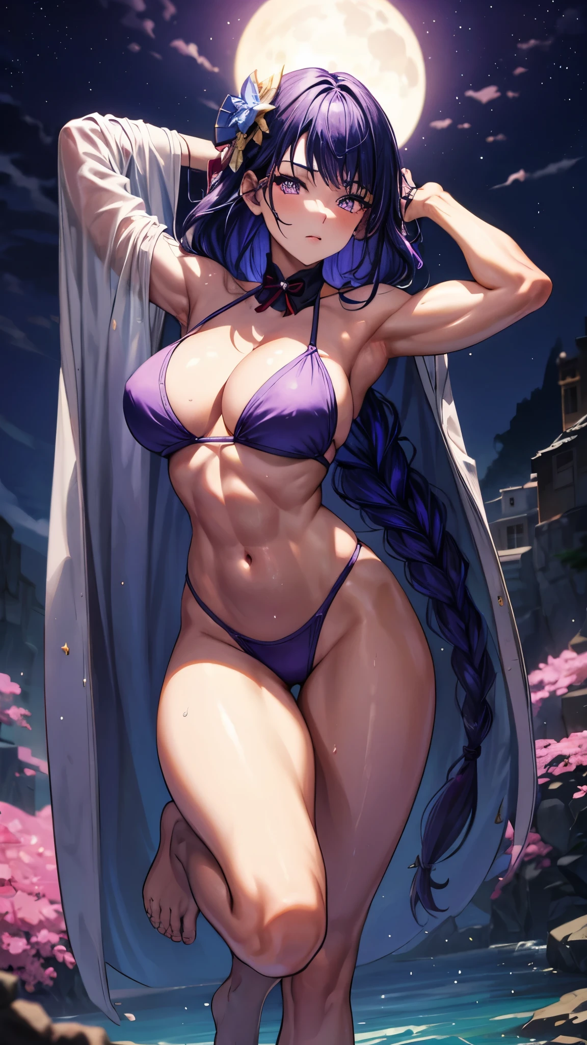 1 girl, alone, beautiful, (((thick muscular thighs))), thin arms, medium to large breasts, (((wearing a Purple bikini))), nails painted purple, (on the beach at night with a sky starry and a full moon in the sky), pure eyes, Realistic pupils, highly detailed eyes, (((full body photo))), (Standing), (barefoot), perfect anatomy, good anatomy, good composition, muscular belly , narrow waist, lubrication of the skin in the groin area, oily skin, eye reflection, glowing eyes, anime, anime style, cinematic lighting, Glare, Bright light, ray tracing, cast shadow, Sony FE, panorama, high definition, anatomically correct, super details, High details, best quality, high resolution, high definition, 16K, HDR