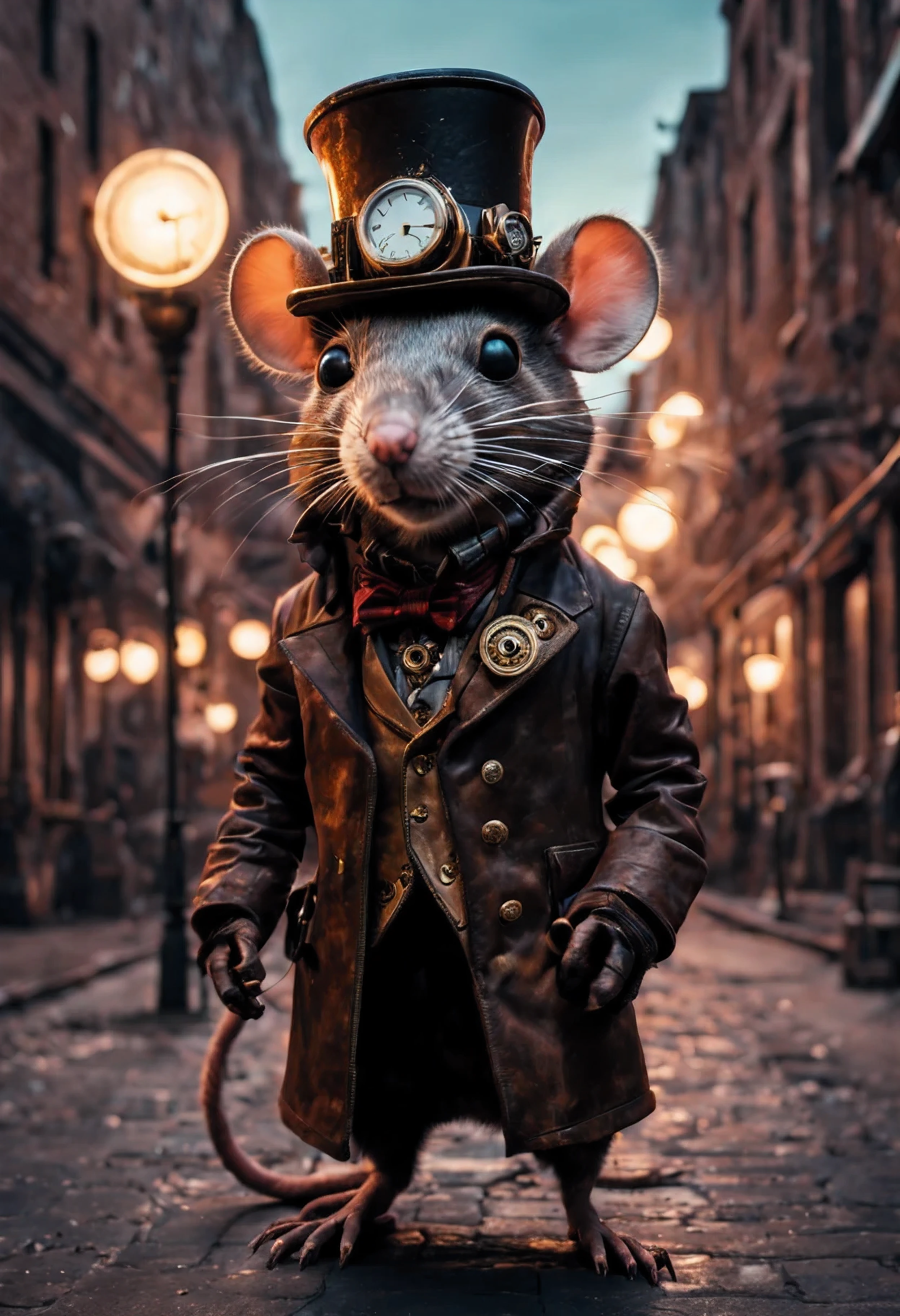 rata antropomorfa en (((calle steampunk ))) cinematic lighting, neon, ciborg , Realista
