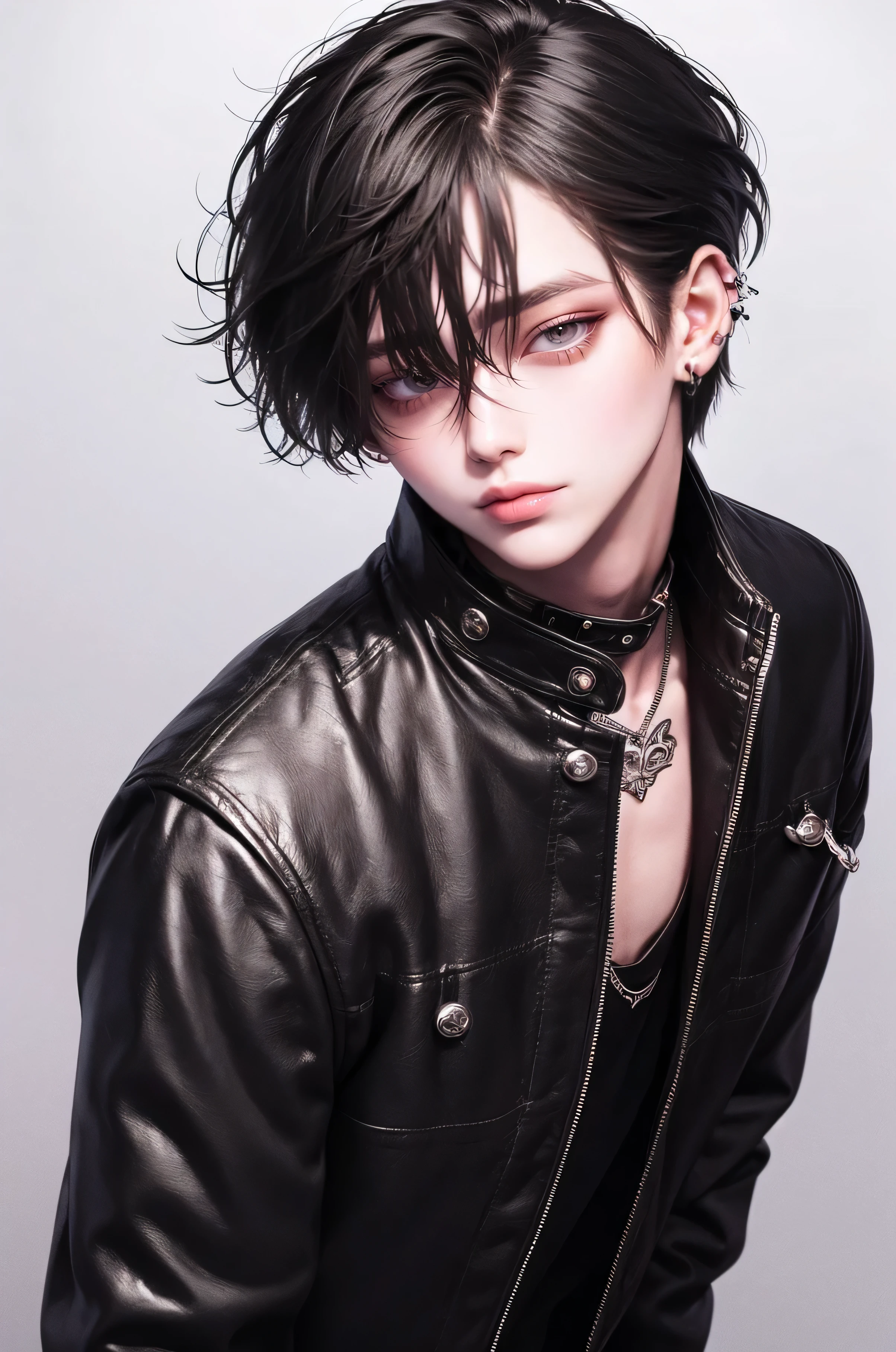 (4K works))、masterpiece、(top-quality)、((Black cityscape background))、Korean Male、Adult male、((Adult 50 years old))、((Adult uncle type))、((Leather Jeans Style))、((Face similar to Hyunjin))、Cool Men、tall、((Wild features))、((Wild look))、((angry expressions))、((Long sleeve long trouser style))、((Smaller face))、Slim body、(((short-haired)))、((Shot alone))、((Solo Photography))、Professional Photos、((He is in front of the viewer))、((Upper body photography))、((Wear a lot of piercings))、((Piercing on the lips))、((Tongue piercing))、((Sick Boyine Boys))、((Lots of tattooine photo))、((sassy pose))