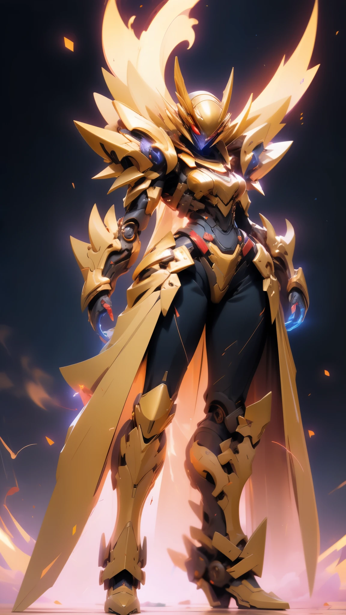 A woman adorned in fantasy-style full-body armor, a crown-concept fully enclosed helmet that unveils only her eyes, a composite layered chest plate, fully encompassing shoulder and hand guards, a lightweight waist armor, form-fitting shin guards, the overall design is heavy-duty yet flexible, ((the armor gleams with a golden glow, complemented by red and blue accents)), exhibiting a noble aura, she floats above a fantasy-surreal high-tech city, this character embodies a finely crafted fantasy-surreal style armored hero in anime style, exquisite and mature manga art style, (Queen bee mixed with Spider concept Armor, plasma, blood), ((Element, energy, elegant, goddess, femminine:1.5)), metallic, high definition, best quality, highres, ultra-detailed, ultra-fine painting, extremely delicate, professional, anatomically correct, symmetrical face, extremely detailed eyes and face, high quality eyes, creativity, RAW photo, UHD, 32k, Natural light, cinematic lighting, masterpiece-anatomy-perfect, masterpiece:1.5