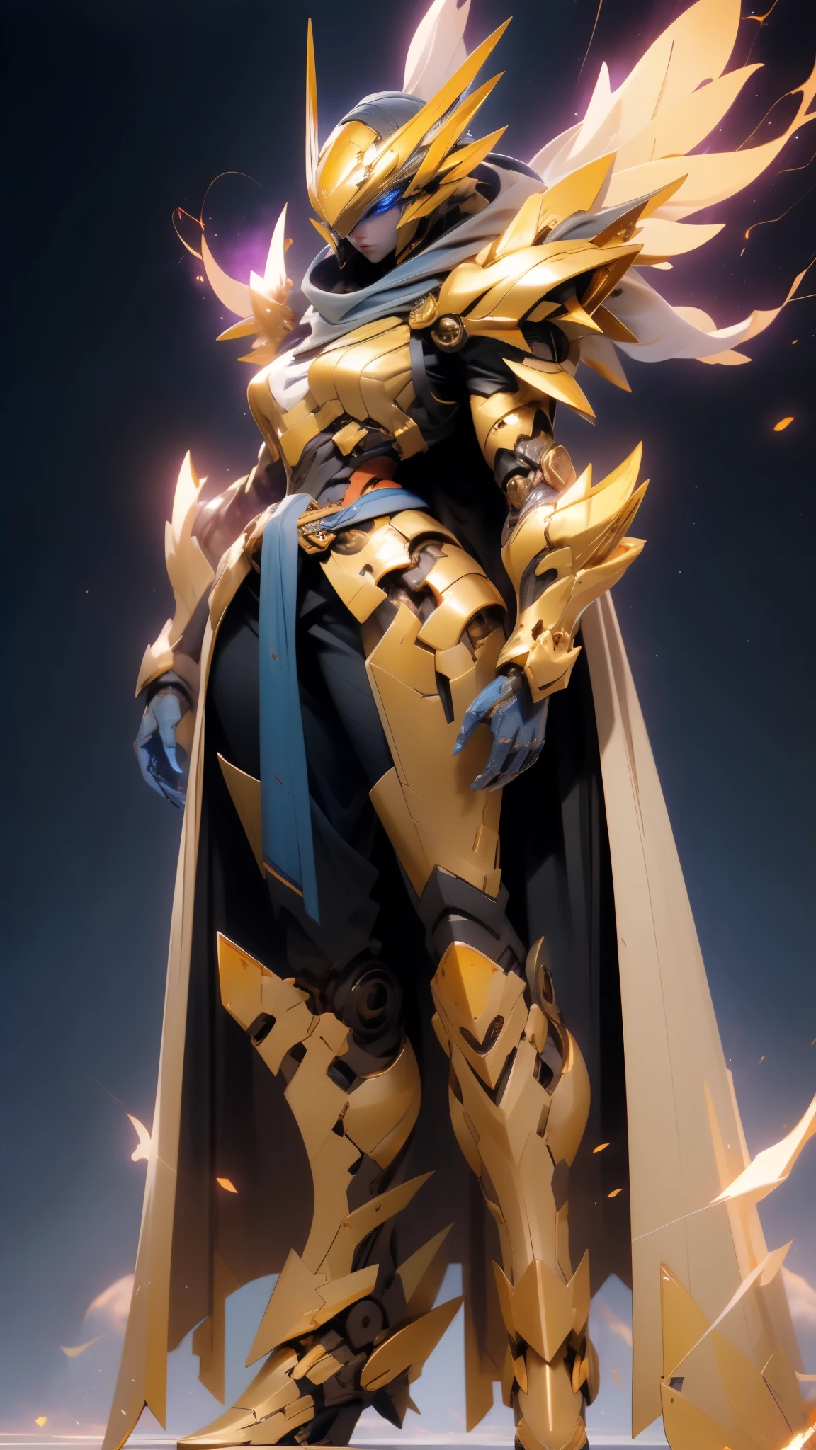 A woman adorned in fantasy-style full-body armor, a crown-concept fully enclosed helmet that unveils only her eyes, a composite layered chest plate, fully encompassing shoulder and hand guards, a lightweight waist armor, form-fitting shin guards, the overall design is heavy-duty yet flexible, ((the armor gleams with a golden glow, complemented by red and blue accents)), exhibiting a noble aura, she floats above a fantasy-surreal high-tech city, this character embodies a finely crafted fantasy-surreal style armored hero in anime style, exquisite and mature manga art style, (Queen bee mixed with Spider concept Armor, plasma, blood), ((Element, energy, elegant, goddess, femminine:1.5)), metallic, high definition, best quality, highres, ultra-detailed, ultra-fine painting, extremely delicate, professional, anatomically correct, symmetrical face, extremely detailed eyes and face, high quality eyes, creativity, RAW photo, UHD, 32k, Natural light, cinematic lighting, masterpiece-anatomy-perfect, masterpiece:1.5