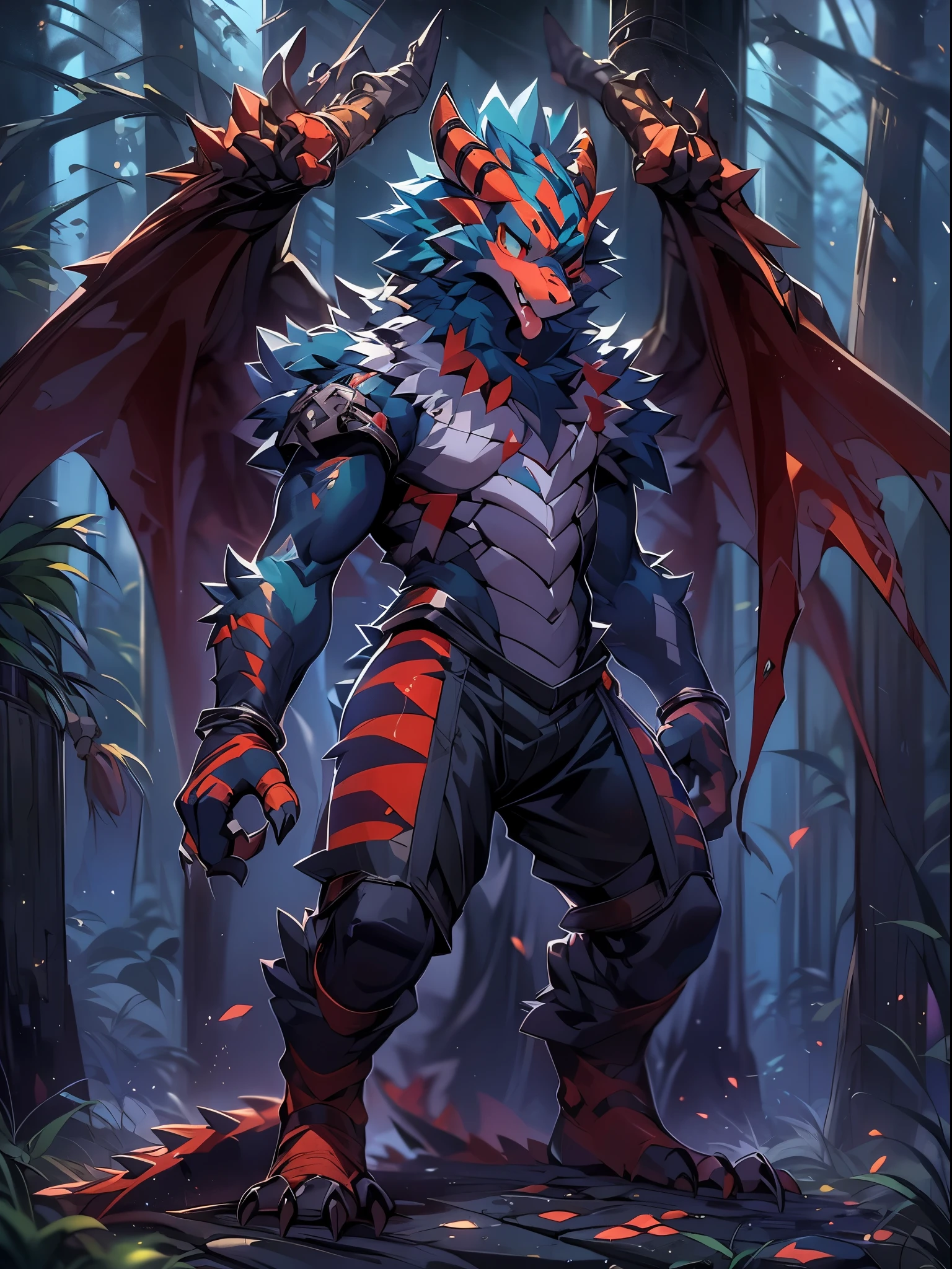 Artificial Intelligence Dragon Man,full body portrait,Furry wolf-headed man,A pair of dragon wings,black shorts,Liquid spilled,body fluids,gray skin,chemical and biological weapons,red stripes,sharp claws,fluid leaking from lower body,kneel,stick out your tongue,Lick your lips(blue),Slobber,in dense woods,night,starry sky,kneel,Lovely,Smile,Handsome,Cute meat pads,Reach your audience,chain