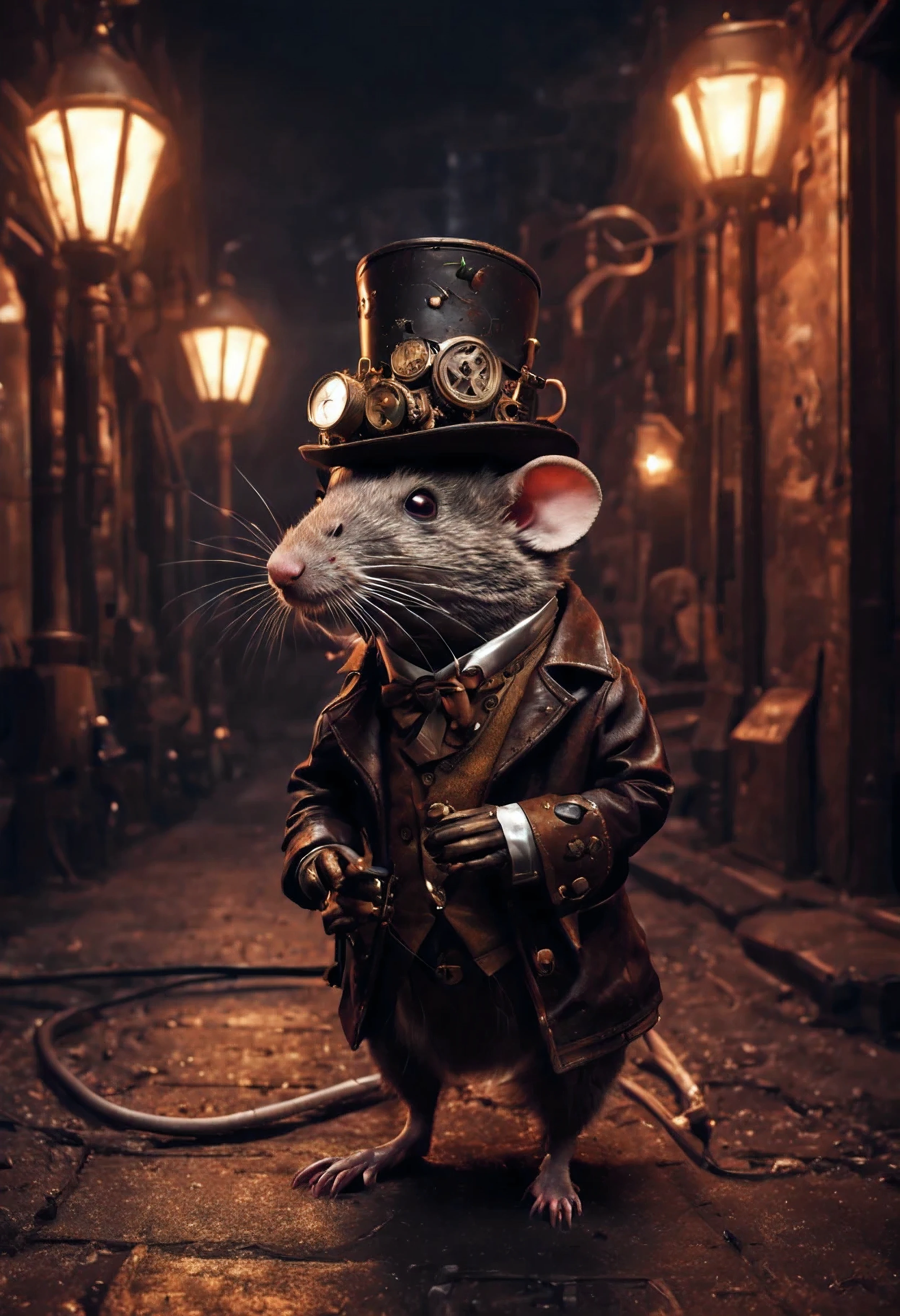 rata antropomorfa en (((calle steampunk ))) cinematic lighting, neon, ciborg , Realista