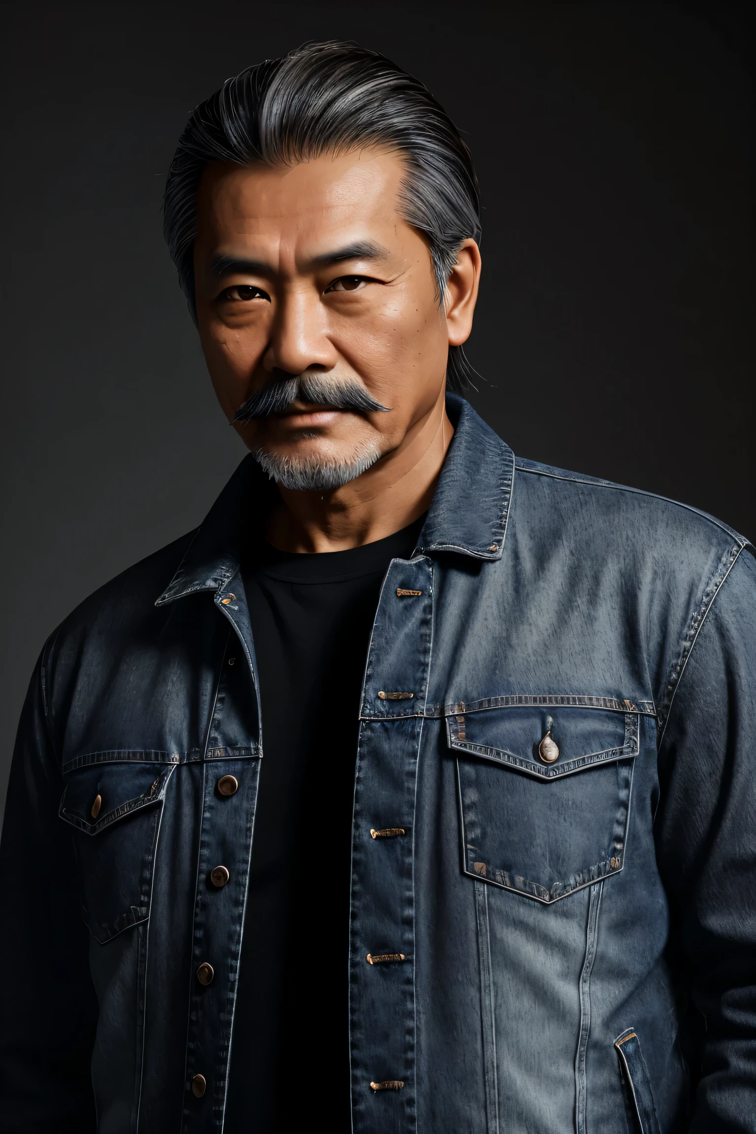 Create a hyper-realistic image of an Asia man aged 55 with long light brown hair with some gray, standing. The hair mustache and beard are sparse. Split light fell on his face. The character wears casual modern clothing such as a jeans jacket. The background of the image is black. Make the image intricately hyper-realistic and detailed