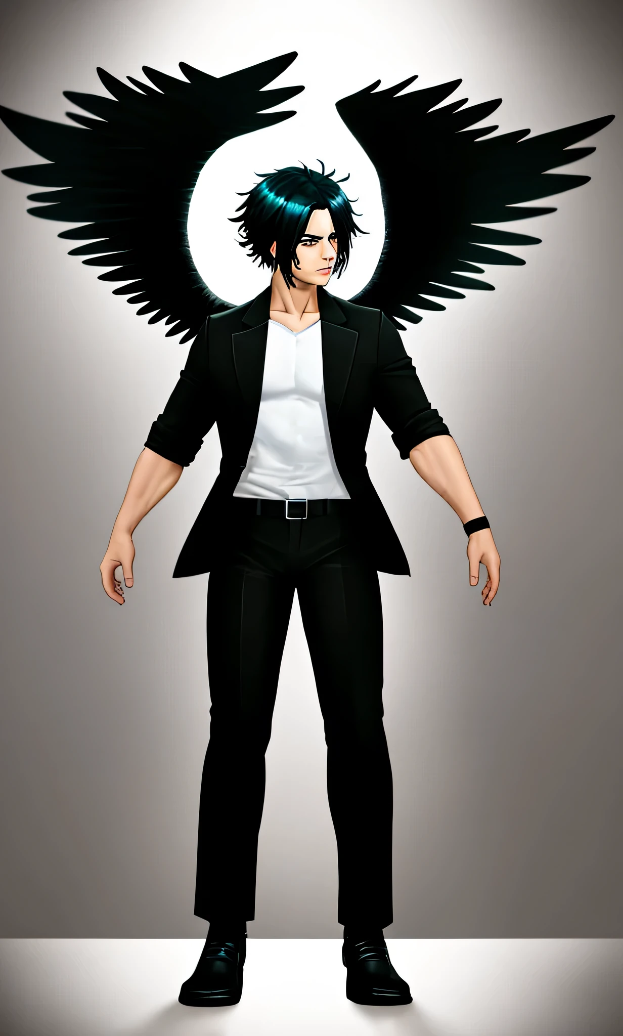 hombre cabello negro,mirando al espectador, ojos azules, con 2 alas de angel, cuerpo completo, piel blanca, estilo anime, 4k, hd, cara bien detallada, Camisa negra, pantalones negros, (fondo simple), fondo verde croma
