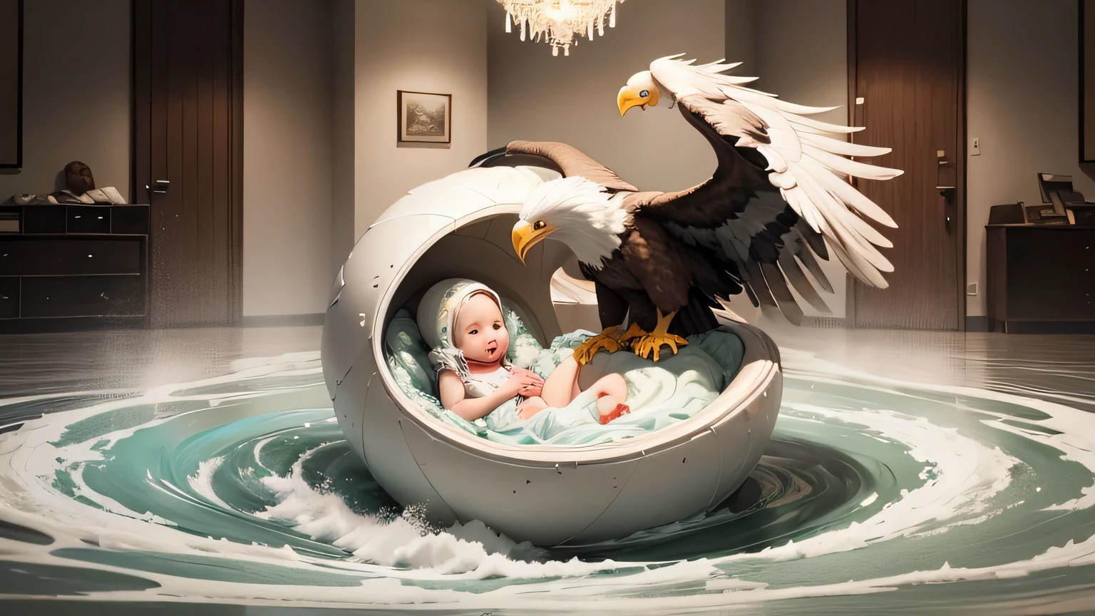 A  and an eagle are spinning in a large swirl of water that fills an apartment..