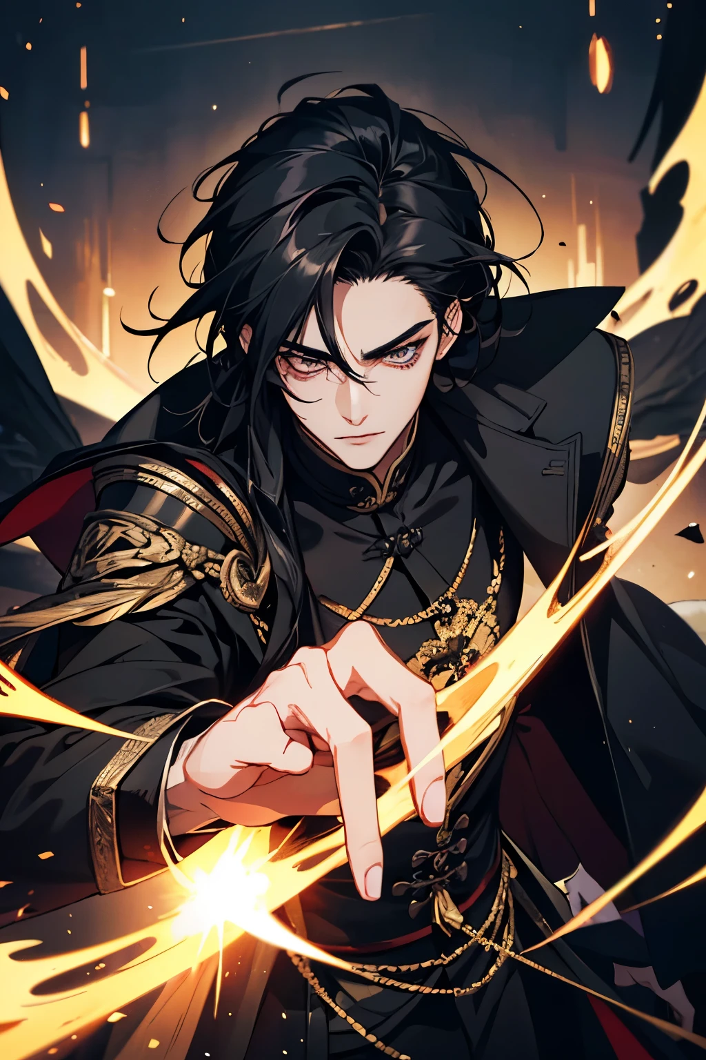 close up of a person in a black coat and black hair, full body xianxia, beautiful male god of death, vampire fashion, wearing a black noble suit, detailed anime character art, male vampire of clan banu haqim, full body black and black longcoat, with his medium long black hair, androgynous vampire, detailed 20 year old male face, ultra realistic anime golden eyes no emotions, INTJ, intelligent, gold, golden