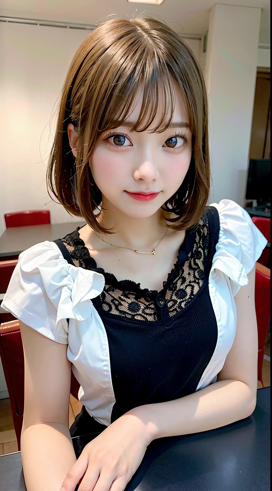 (8K, raw photo:1.2), detailed face and eyes,best quality, Super high resolution, very detailed ,intricate details ,table top ,a cute girl , soft cinematic light, hyper detailing,sharp focus, high quality, blonde hair, bob cut