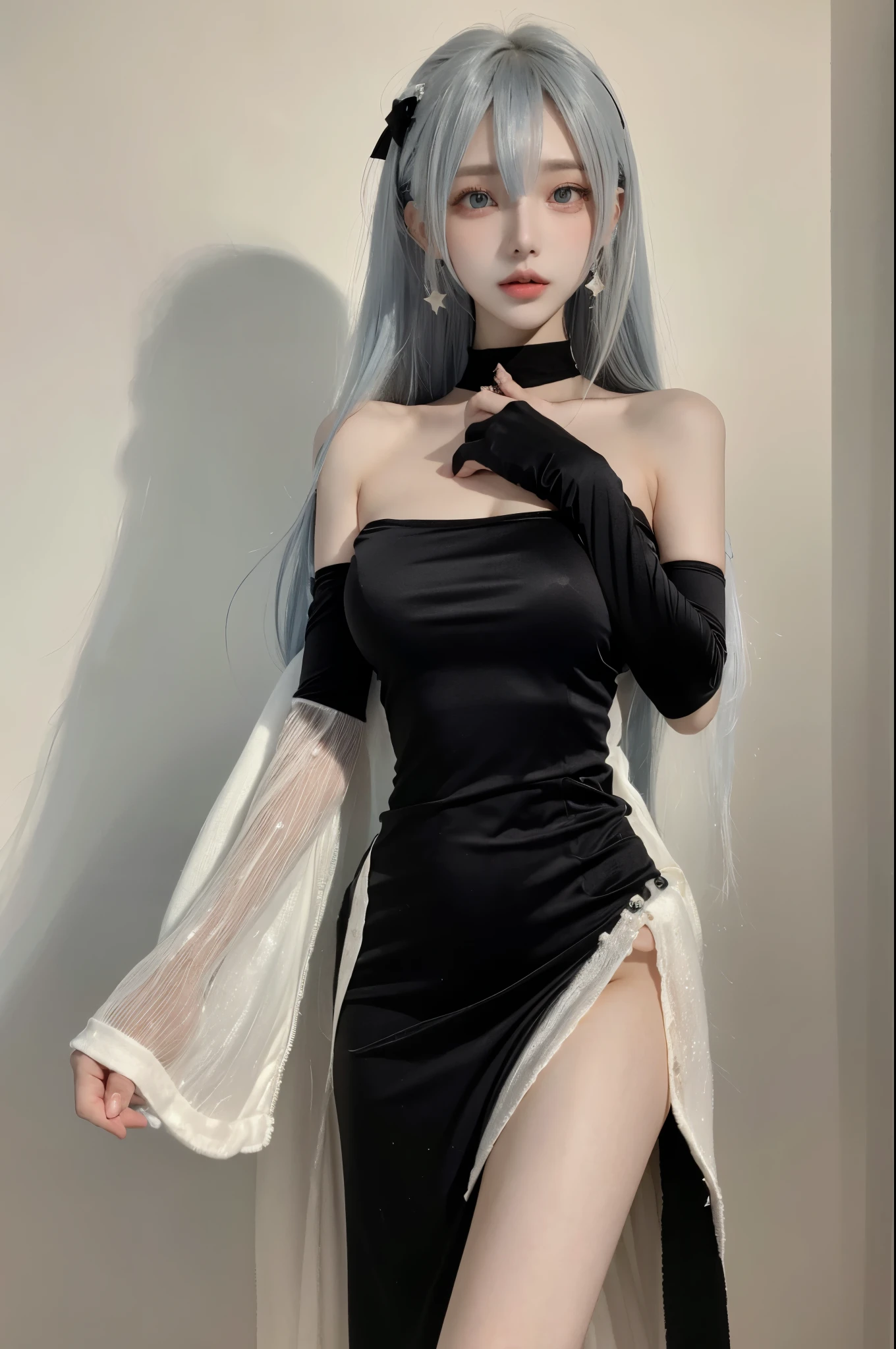 masterpiece, best quality, night, Star, Sky,real, girl, long hair, gradient hair, asymmetrical bangs, aqua eyes, lol, prominent , shift dress, white pantyhose, earrings, finger lesitz, half glove , black collar