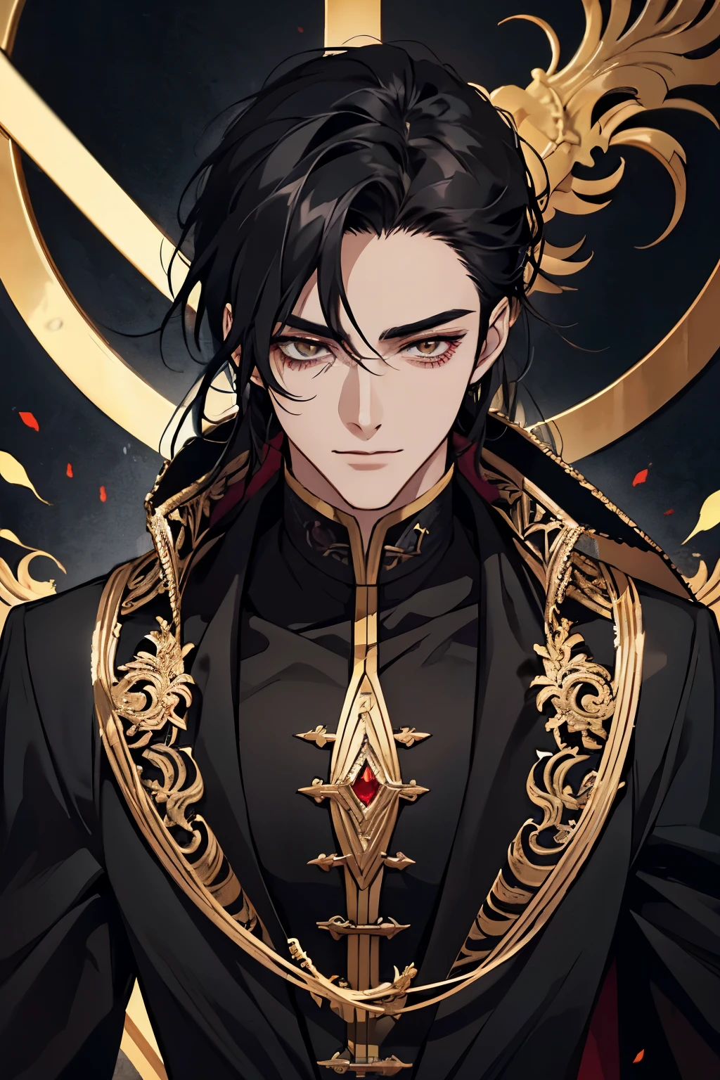 close up of a person in a black coat and black hair, full body xianxia, beautiful male god of death, vampire fashion, wearing a black noble suit, detailed anime character art, male vampire of clan banu haqim, full body black and black longcoat, with his medium long black hair, androgynous vampire, detailed 20 year old male face, ultra realistic anime golden eyes no emotions, INTJ, intelligent, gold, golden, devil smile, smile