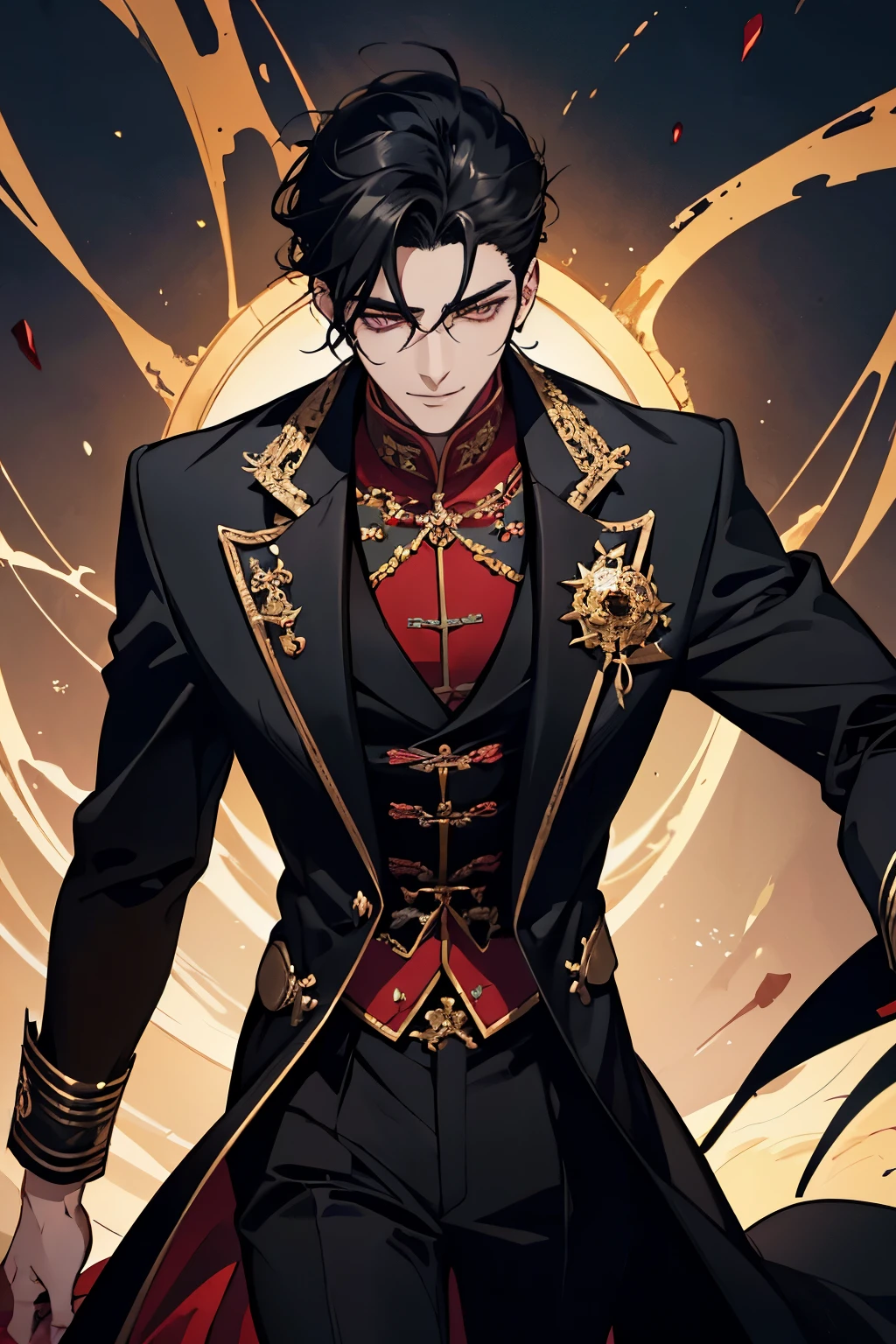 close up of a person in a black coat and black hair, full body xianxia, beautiful male god of death, vampire fashion, wearing a black noble suit, detailed anime character art, male vampire of clan banu haqim, full body black and black longcoat, with his medium long black hair, androgynous vampire, detailed 20 year old male face, ultra realistic anime golden eyes no emotions, INTJ, intelligent, gold, golden, devil smile, smile