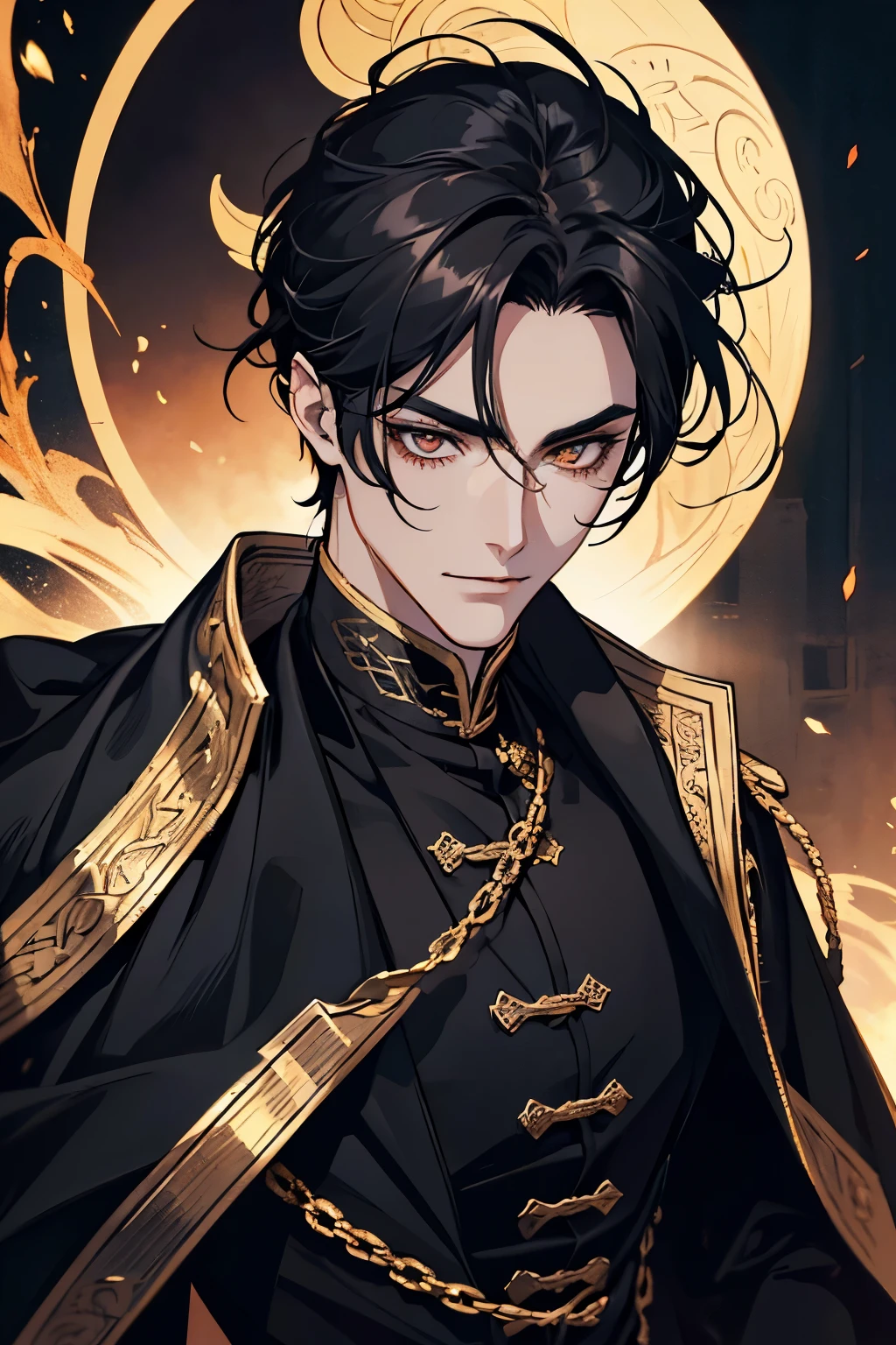 close up of a person in a black coat and black hair, full body xianxia, beautiful male god of death, vampire fashion, wearing a black noble suit, detailed anime character art, male vampire of clan banu haqim, full body black and black longcoat, with his medium long black hair, androgynous vampire, detailed 20 year old male face, ultra realistic anime golden eyes no emotions, INTJ, intelligent, gold, golden, devil smile, smile