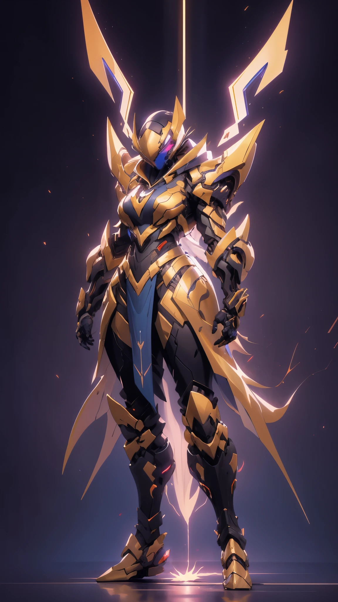 A woman adorned in fantasy-style full-body armor, a crown-concept fully enclosed helmet that unveils only her eyes, a composite layered chest plate, fully encompassing shoulder and hand guards, a lightweight waist armor, form-fitting shin guards, the overall design is heavy-duty yet flexible, ((the armor gleams with a golden glow, complemented by red and blue accents)), exhibiting a noble aura, she floats above a fantasy-surreal high-tech city, this character embodies a finely crafted fantasy-surreal style armored hero in anime style, exquisite and mature manga art style, (Queen bee mixed with Spider concept Armor, plasma, blood), ((Element, energy, elegant, goddess, femminine:1.5)), metallic, high definition, best quality, highres, ultra-detailed, ultra-fine painting, extremely delicate, professional, anatomically correct, symmetrical face, extremely detailed eyes and face, high quality eyes, creativity, RAW photo, UHD, 32k, Natural light, cinematic lighting, masterpiece-anatomy-perfect, masterpiece:1.5