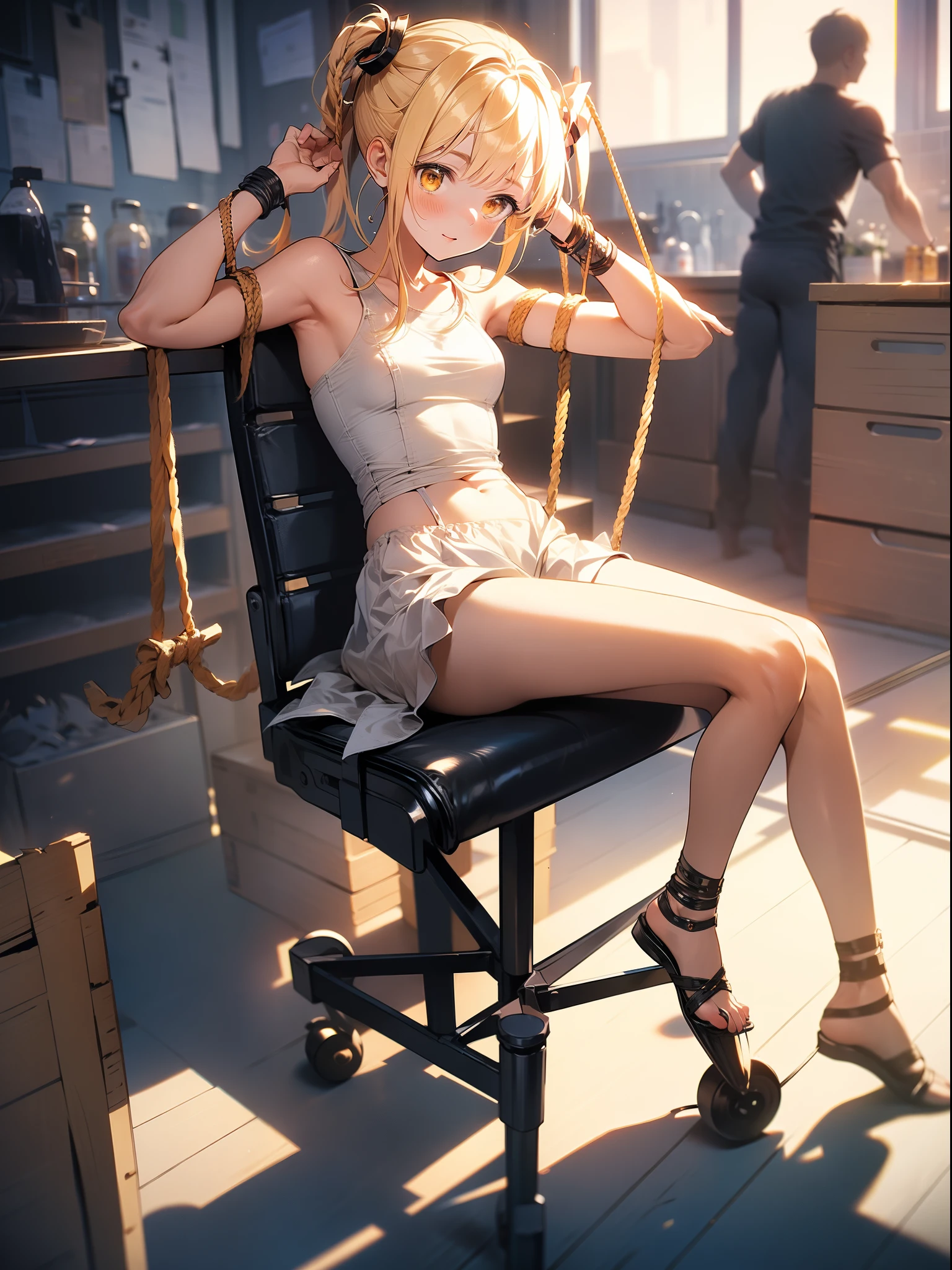 in 8K、top-quality、​masterpiece、ultra-detailliert、Ultra-high resolution、((1 persons))、poneyTail、a yellow hair、Braided hair、makeups、Home、sitting down on the floor、bare-legged , the legs are open。look at the camera , perfect hands, complete anatomy), nude , naked , M-shaped legs, women opening legs , spread legs , hands up , tied to a chair in a basement, restraint, bdsm, restrained legs, restrained arms, bound, bound to chair, rope, tied with ropes, beautiful body, beautiful face, tied to chair with ropes, restrained body, unable to move, bondage ropes,  tied up, machine bondage, fully restrained body, ropes everywhere, strictly tied, hardcore bondage ropes, machine bondage,