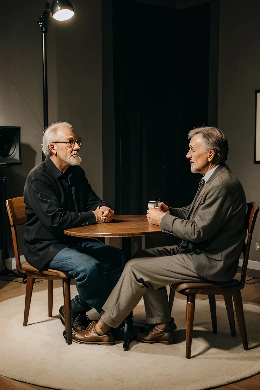 two old man, formally clothed, sitting in a well-furnished studio, facing each other in a round table, sitting for interview
