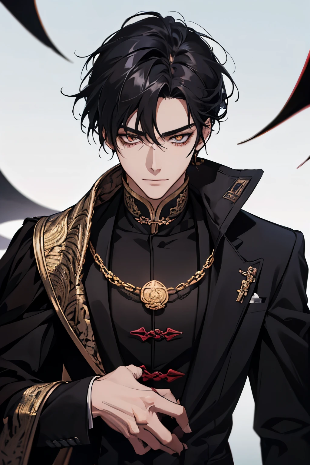 close up of a person in a black coat and black hair, full body xianxia, beautiful male god of death, vampire fashion, wearing a black noble suit, detailed anime character art, male vampire of clan banu haqim, full body black and black longcoat, with his medium long black hair, androgynous vampire, detailed 20 year old male face, ultra realistic anime golden eyes no emotions, INTJ, intelligent, gold, golden, evil smile, smile