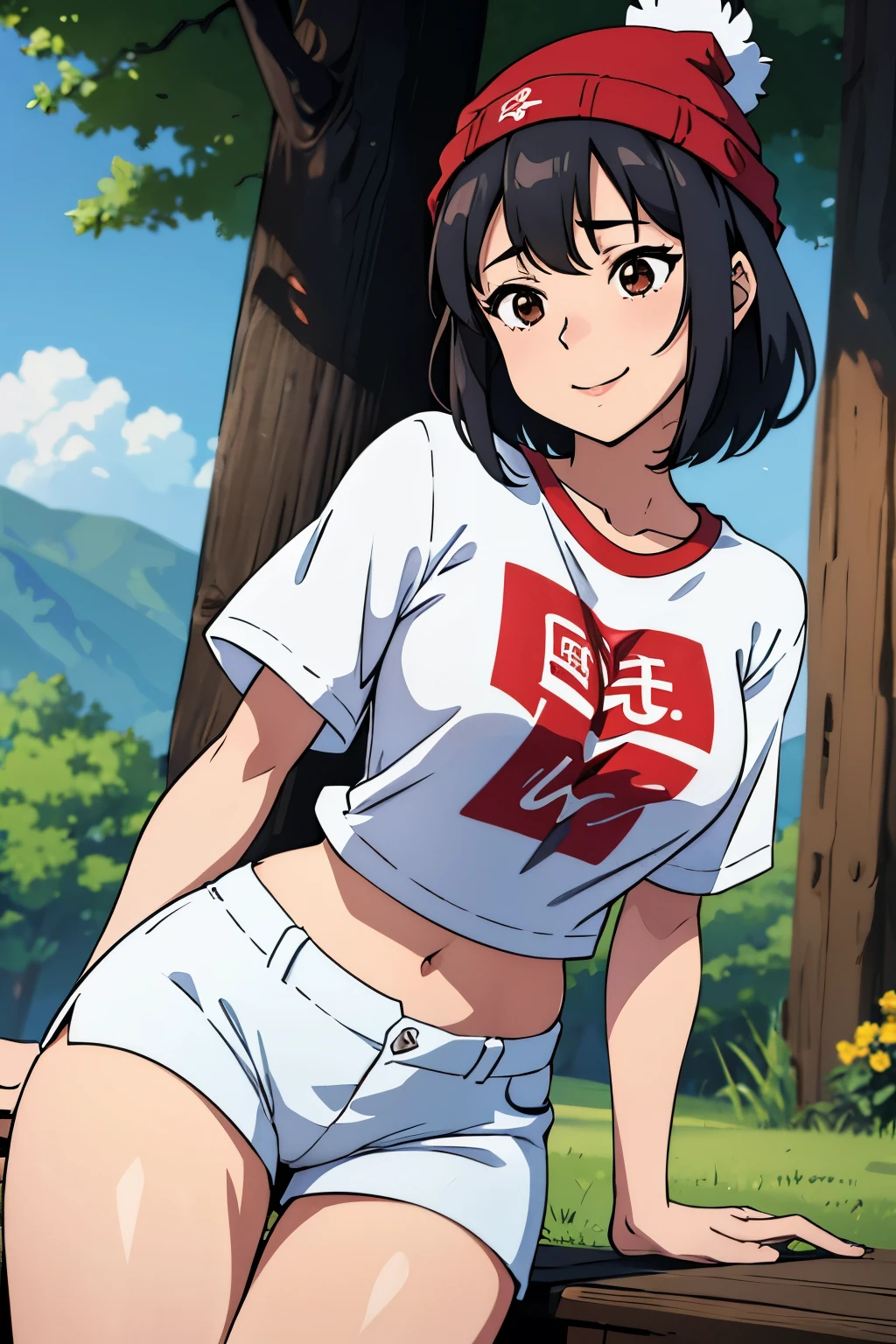 Best Quality, masutepiece, 1girl in, (Solo:1.1), Ray tracing, ultra-detailliert,Detailed face, 8K Wallpaper, wide hips, Smile, Fuuko Izumo NDV, 1girl in, Black hair, Brown eyes, Large breasts, Short hair, Red Beanie, White T-shirt, shortpants, plein air,ahegao (fucked silly / sexual ecstasy)