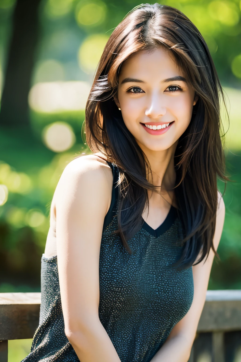 LinkGirl, 1girl, solo, long hair, realistic, looking at viewer, black hair, lips, brown eyes, upper body, brown hair, bare shoulders, parted lips, black eyes, camisole, black hair, grin, grin, white clothes , sexual , blurry, Surrealism, modern, depth of field, UHD, textured skin, super detail, high details