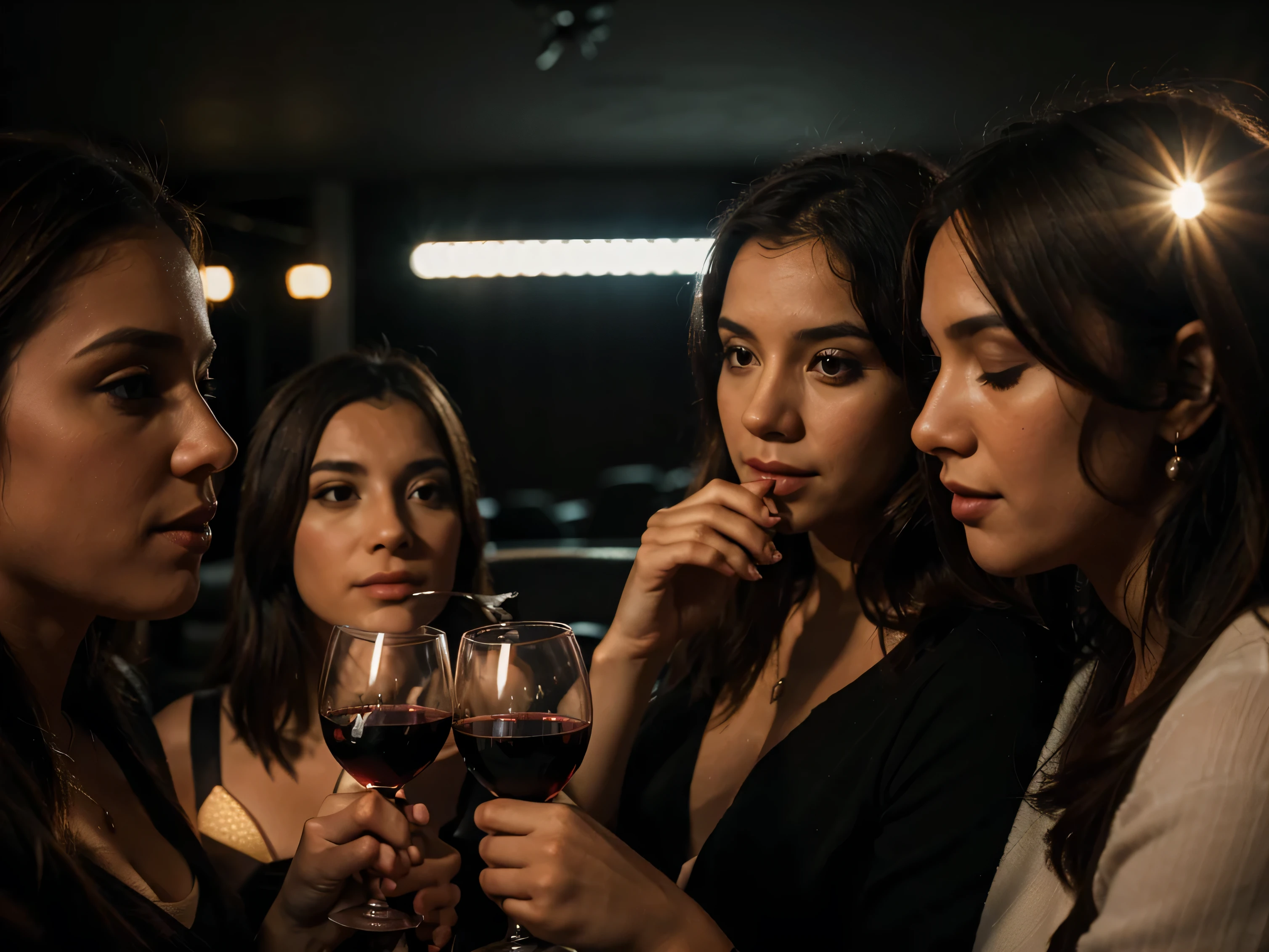 5 women drinking wine from glasses , foto ealista 12k cinema 4d luz de filme, luz de cinema, Canon 35mm f1.2, bokeh, noite, 