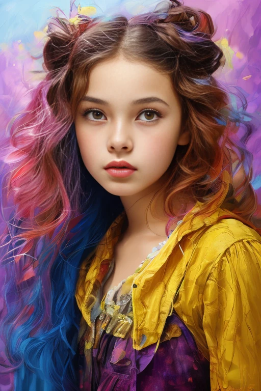 Colorful beautiful girl: an 8-year-old girl with messy hair, reminiscent of an oil painting. She possesses a nice and perfect face with soft skin, adorned with a harmonious blend of blue, yellow, light purple, and violet colors. These hues are complemented by delicate additions of light red, adding depth and vibrancy to the overall composition. The intricate details of the artwork bring the girl's features to life, making her appear as if she could step out from the canvas. This visual spectacle is presented in a splash screen format, boasting an astonishing 8k resolution, ensuring every brushstroke and texture can be admired in the highest detail. The result is a true masterpiece, capturing the innocence and charm of the girl's cute face
