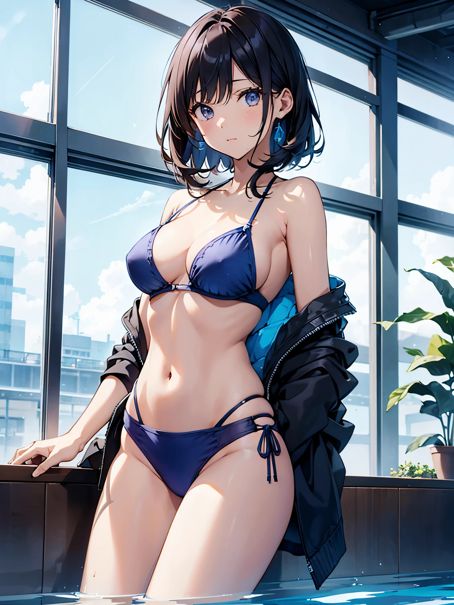 A 27-year-old female office worker enjoys her day off at the indoor pool.、dark brownの髪色でロングボブヘアーです、A bikini that combines an indigo cloth that covers from 4 cm below the right collarbone to the bottom of the left nipple, and an indigo cloth that covers from 4 cm below the left collarbone to the bottom of the right nipple.、blue bikini pants、I am wearing a transparent pareo.、The ceiling and walls are made of glass、You can see the night sky outside the glass、 
